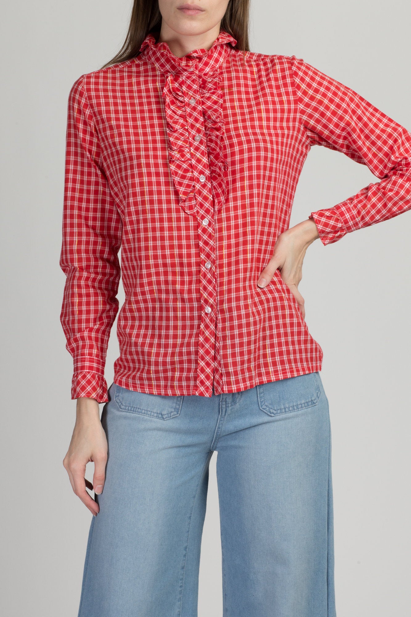 Red plaid store ruffle blouse