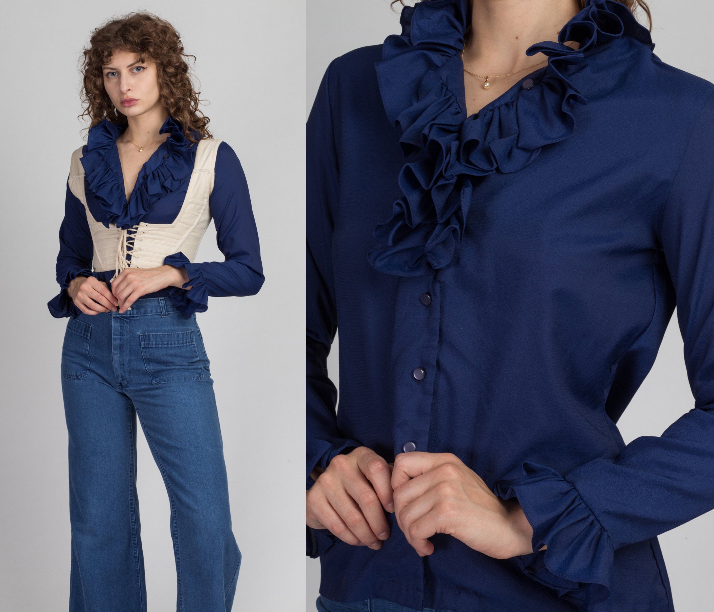 70s Tuxedo Ruffle Blouse - Small to Medium – Flying Apple Vintage