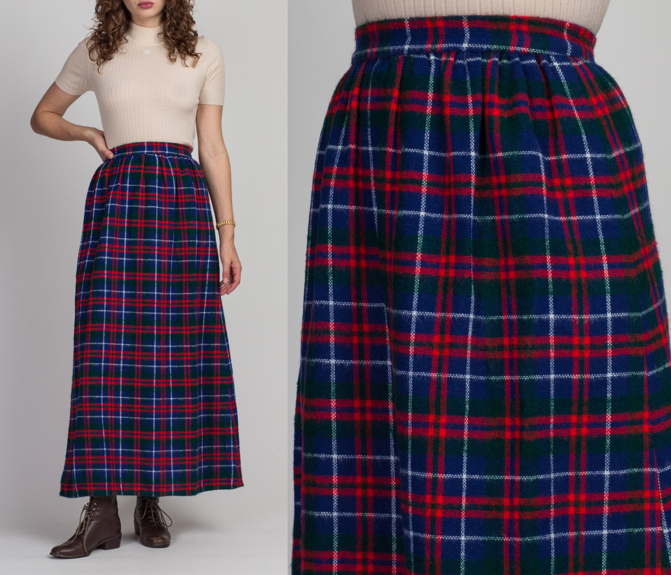 60s Plaid High Waist Maxi Skirt Small Flying Apple Vintage