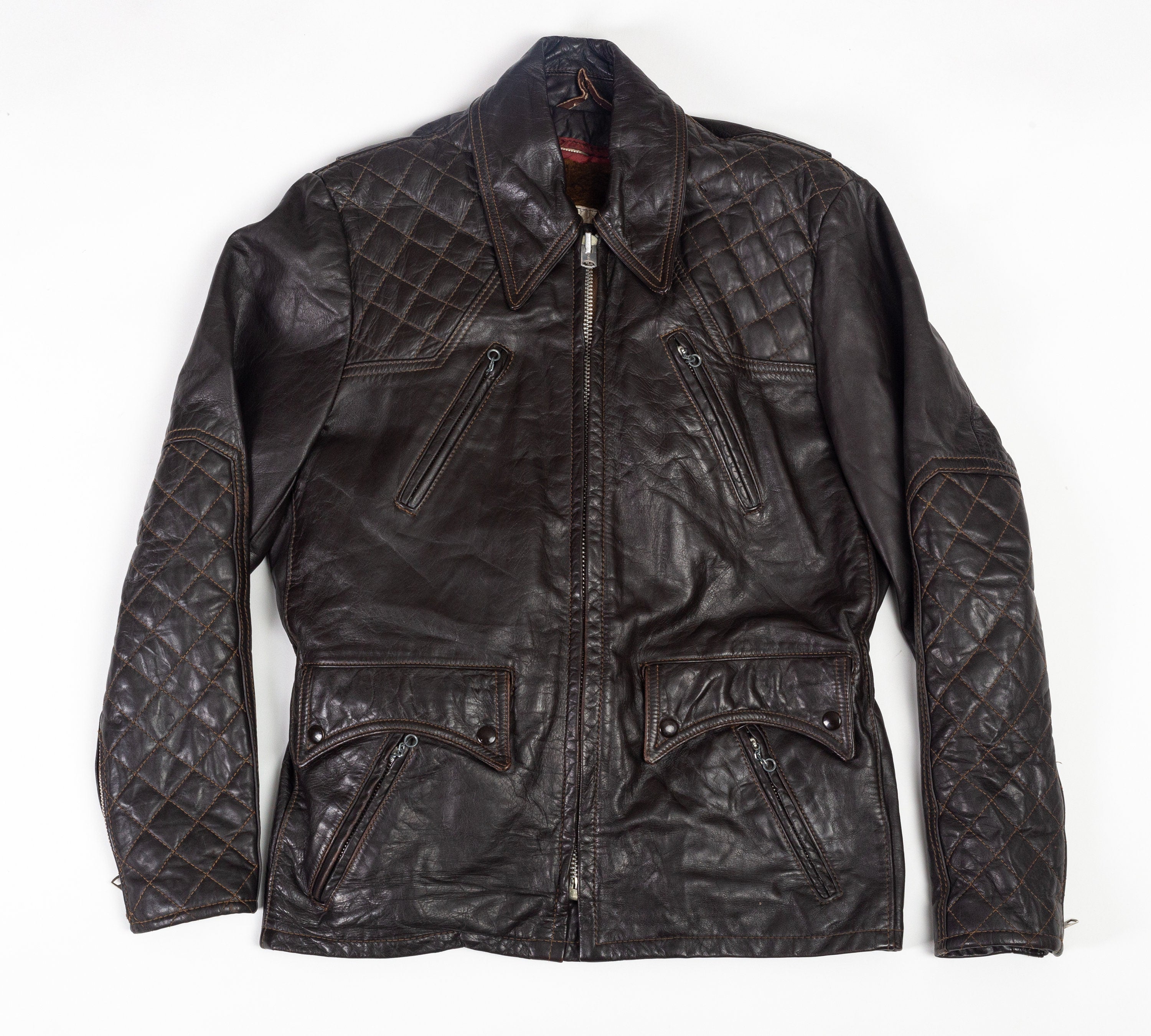 60s Cycle Rider Brown Quilted Leather Coat - Men's Medium, Size 40