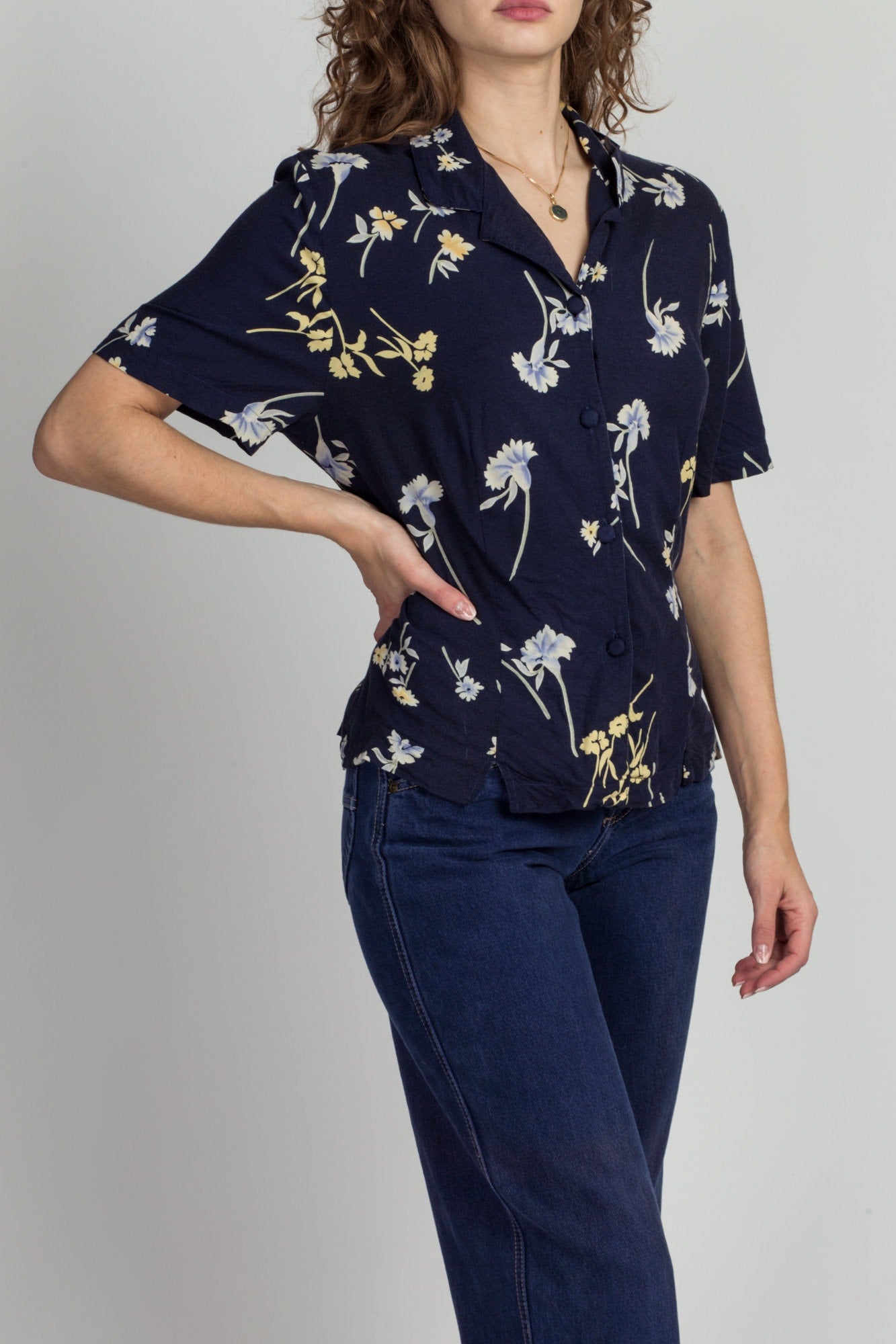 90s Navy Blue Floral Cinched Waist Blouse - Large