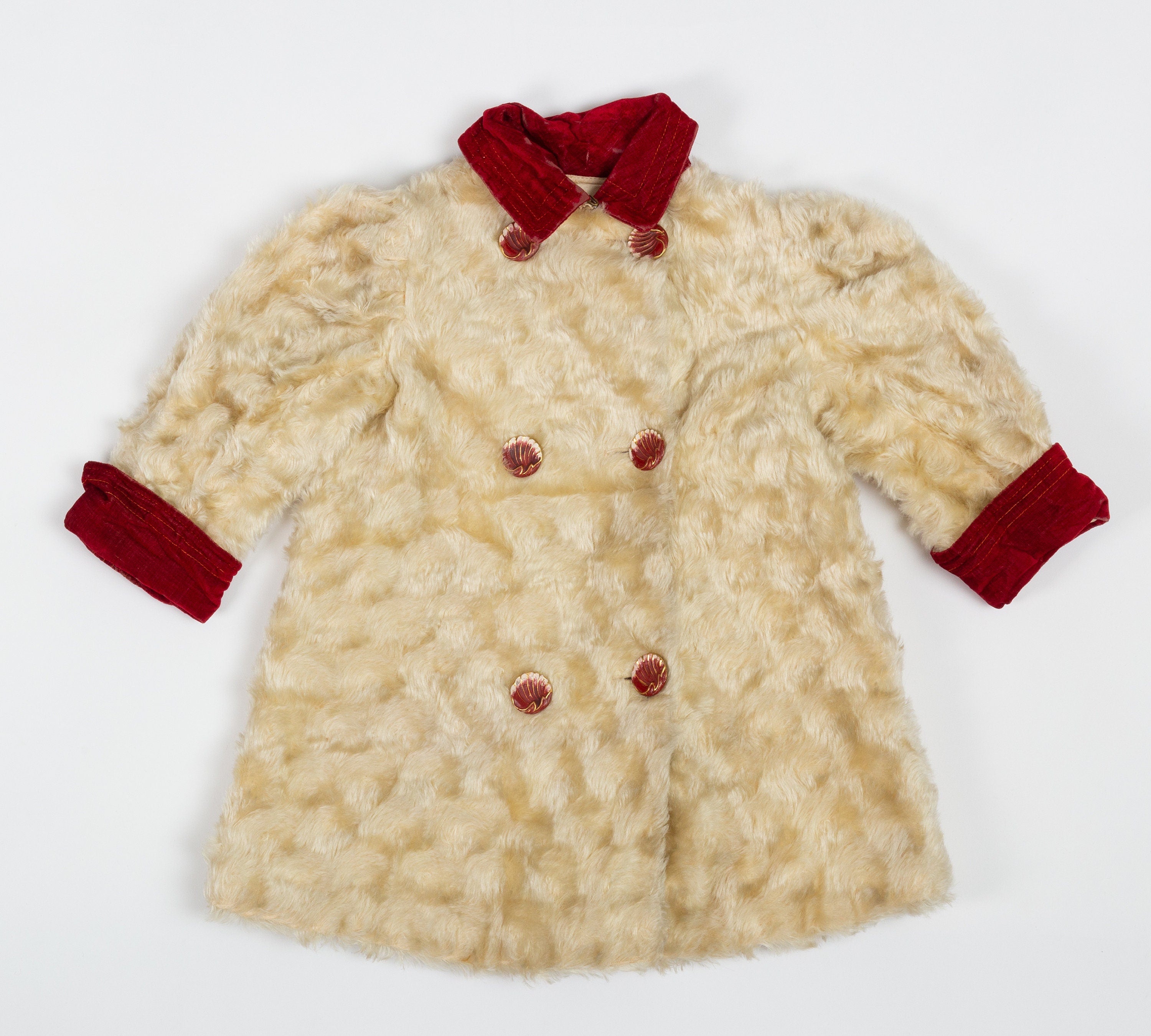 50s 60s Ivory Faux Fur Red Velvet Trim Girls Coat - 18M – Flying