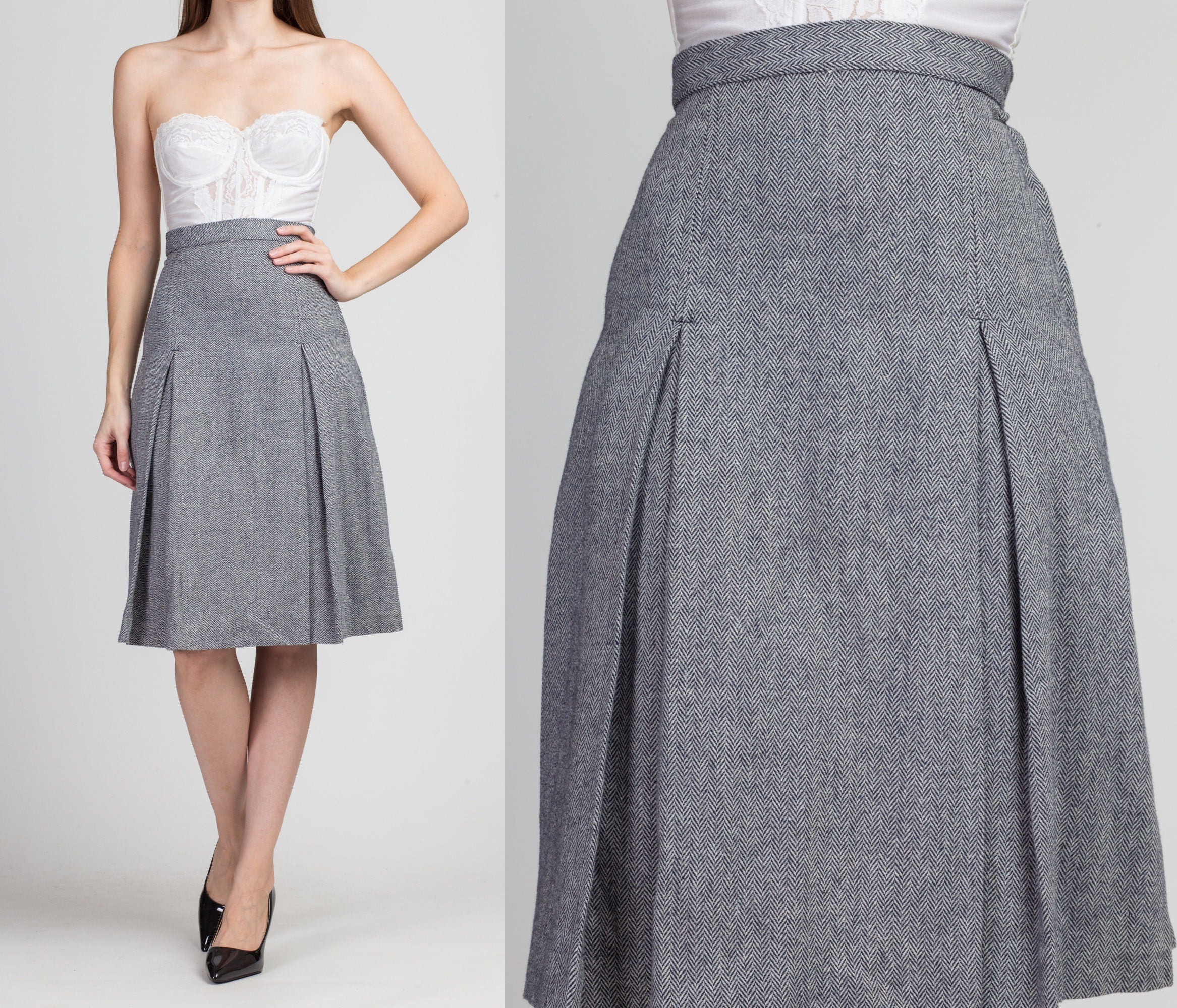 70s Herringbone Pleated Wool Skirt - Extra Small, 24
