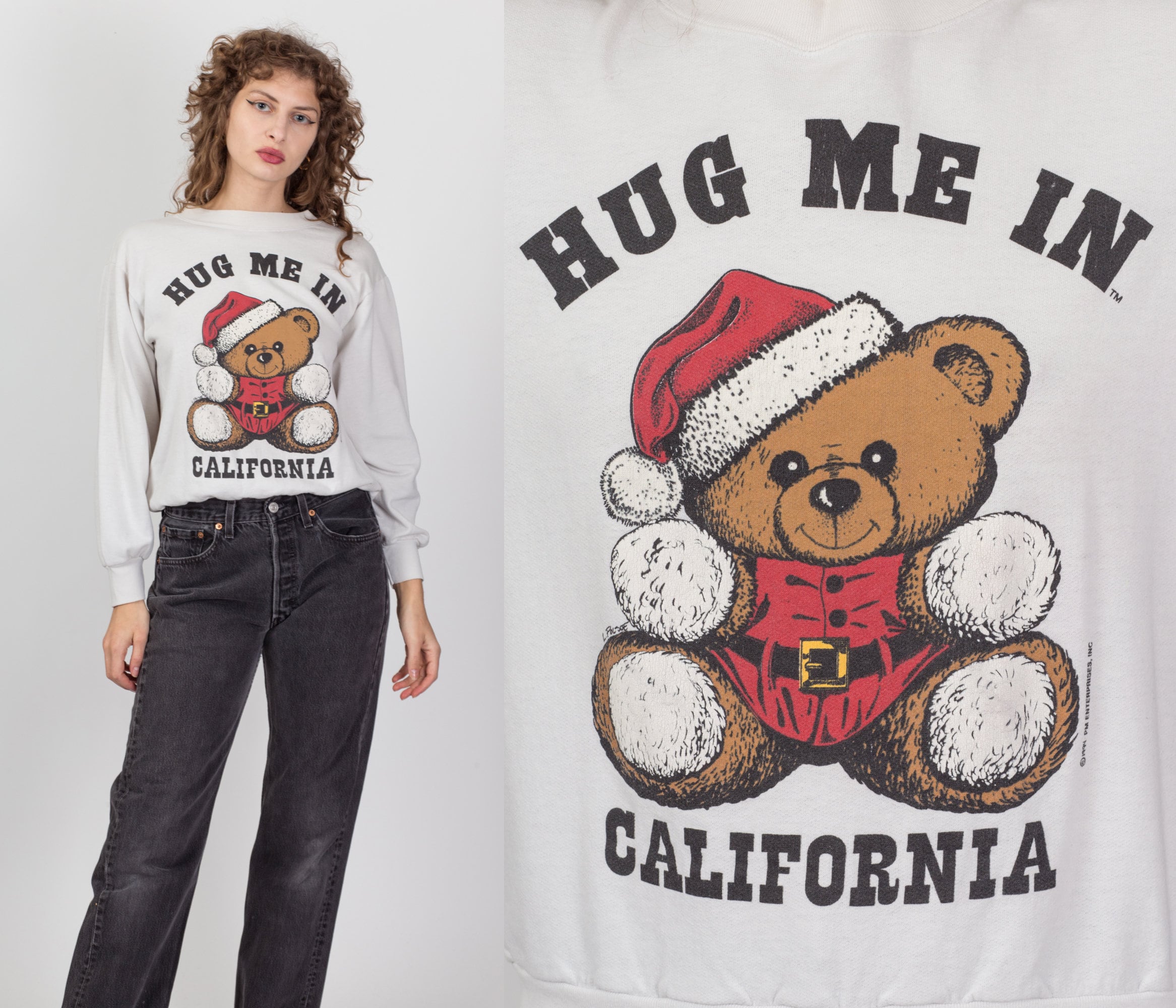 90s Hug Me in California Teddy Bear Santa Sweatshirt Medium