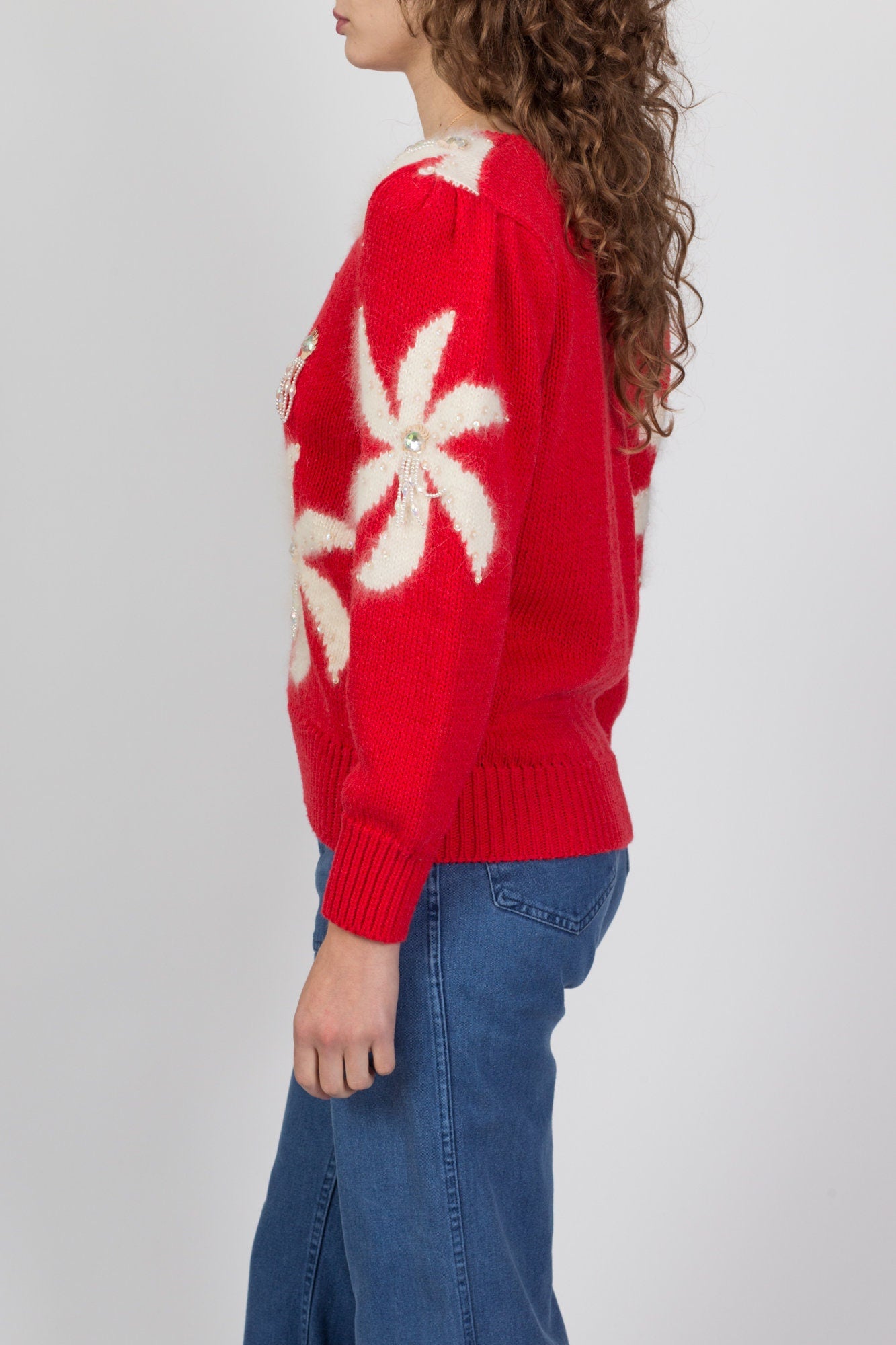 80s Red White Pinwheel Angora Sweater Medium Flying Apple