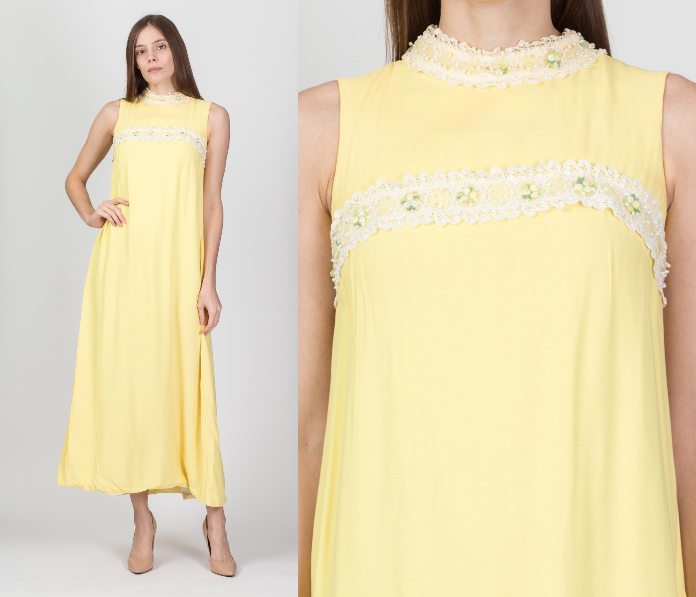 60s Yellow Lace Trim Empire Waist Maxi Dress, As Is - Extra Small