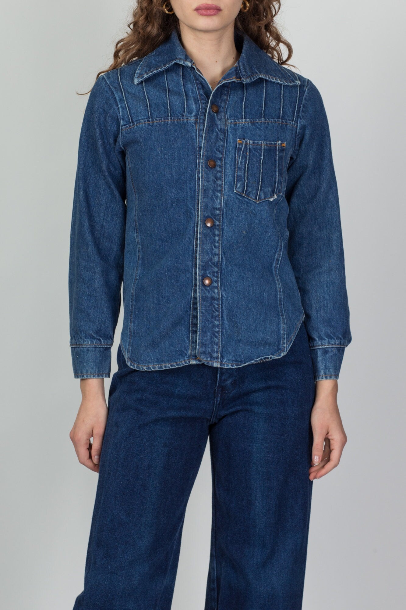 Women's Sky Blue Vintage Washed Snap Button Denim Shirt | Fruugo ES