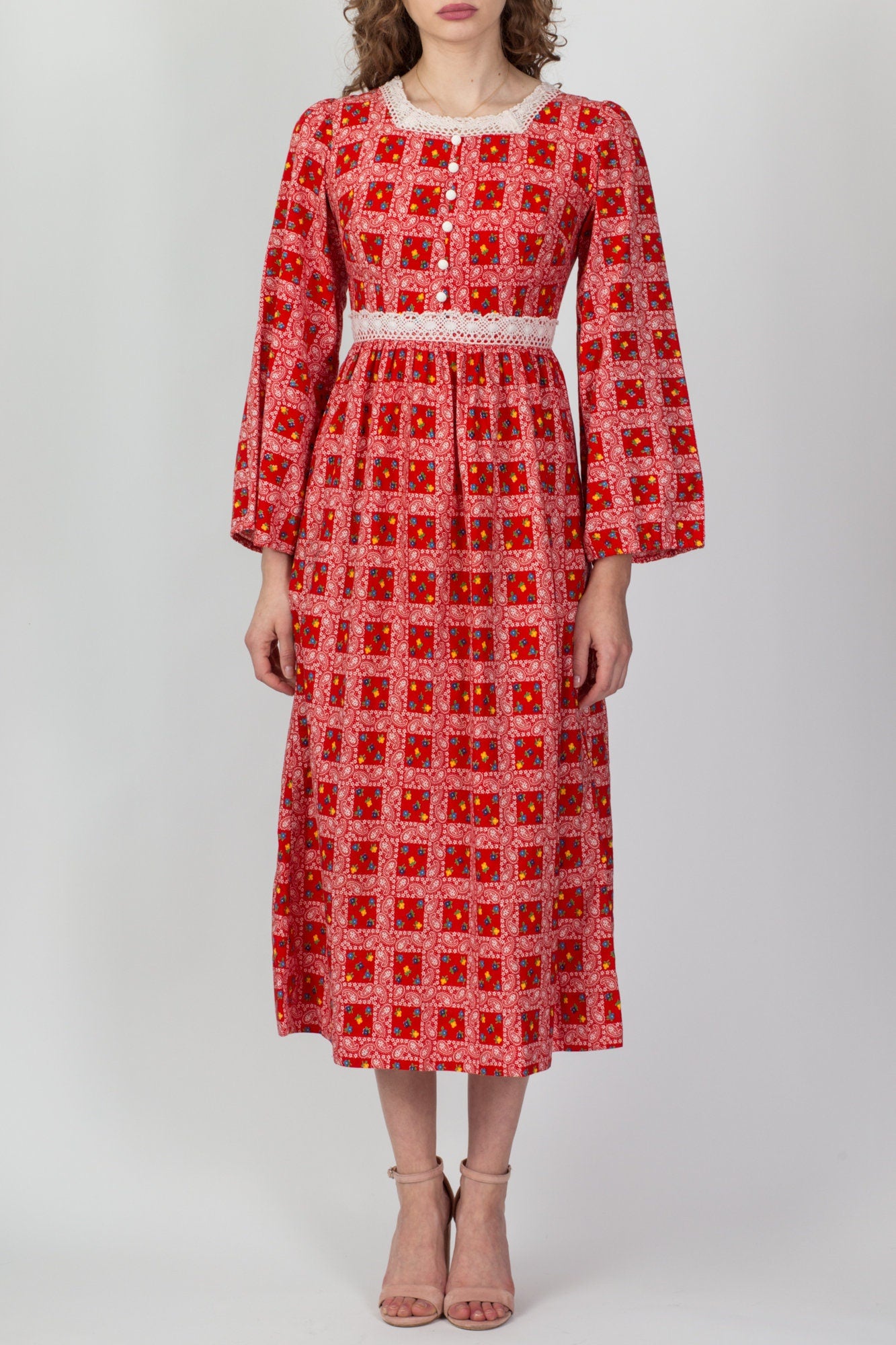 70s Floral & Paisley Bandana Print Prairie Dress - Extra Small – Flying  Apple Vintage