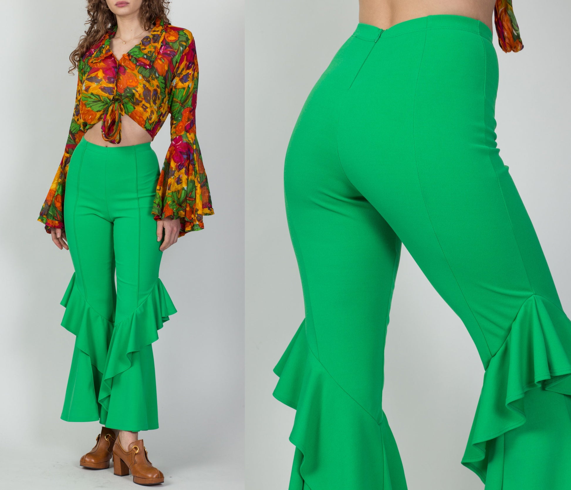 90s Y2K Does 70s Frog Green Hippie Bell Bottoms - Small – Flying