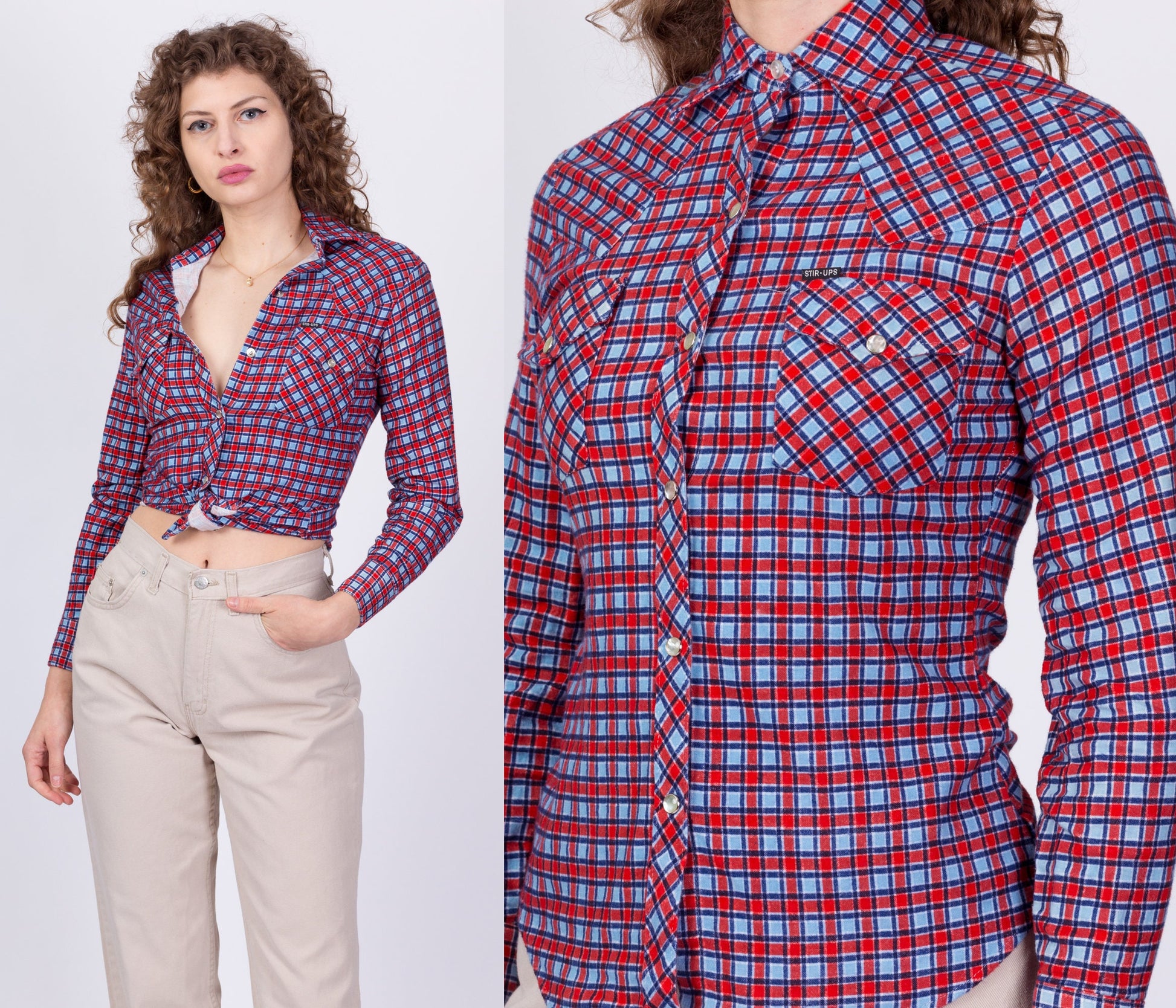 70s Red & Blue Plaid Flannel Pearl Snap Top - Extra Small