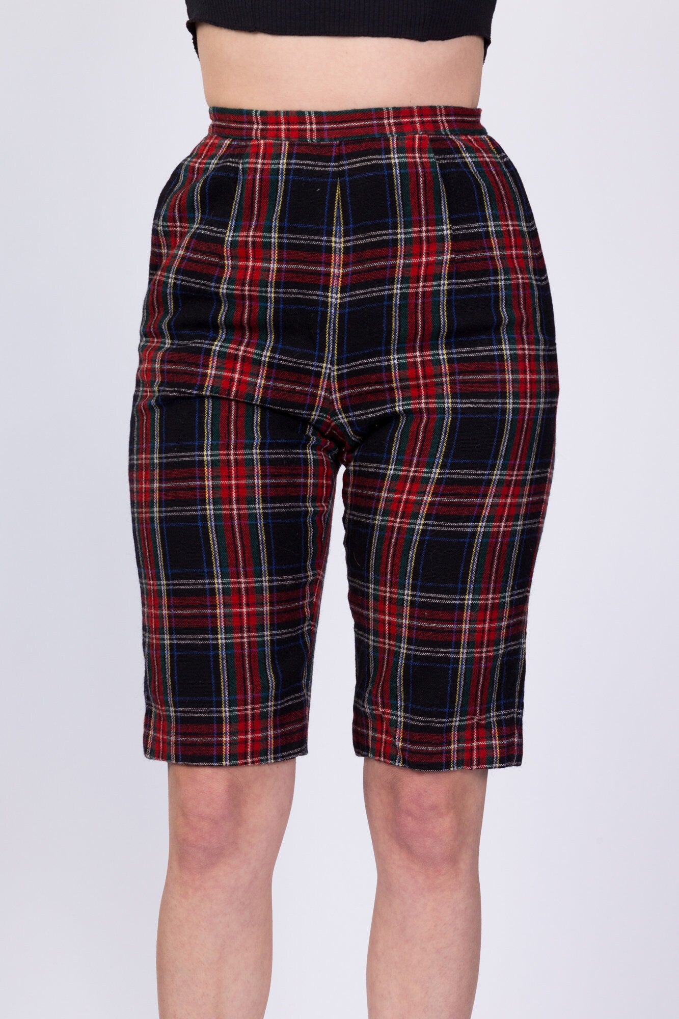 70s Red & Black Plaid Long Fitted Shorts - Extra Small, 24