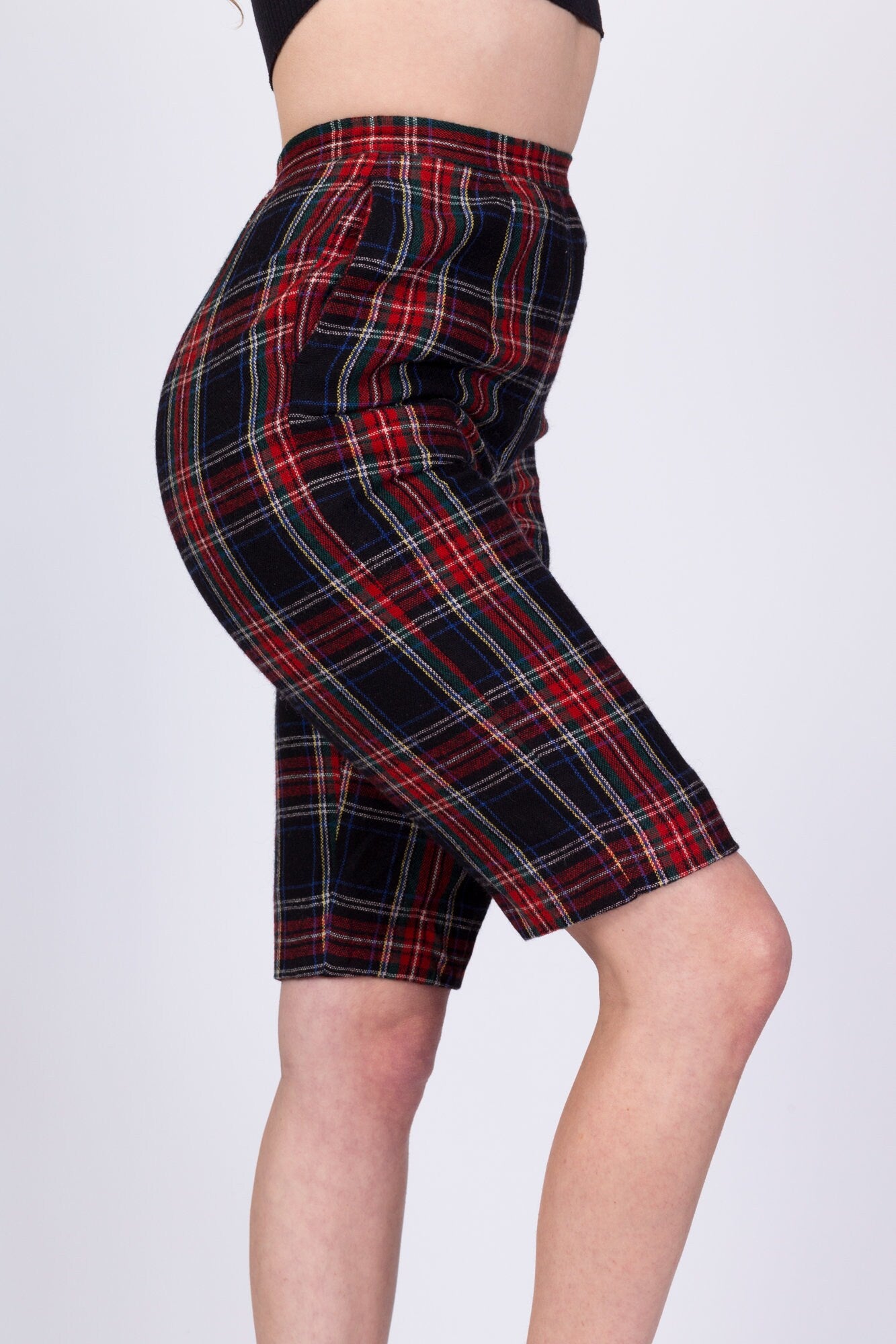 70s Red & Black Plaid Long Fitted Shorts - Extra Small, 24