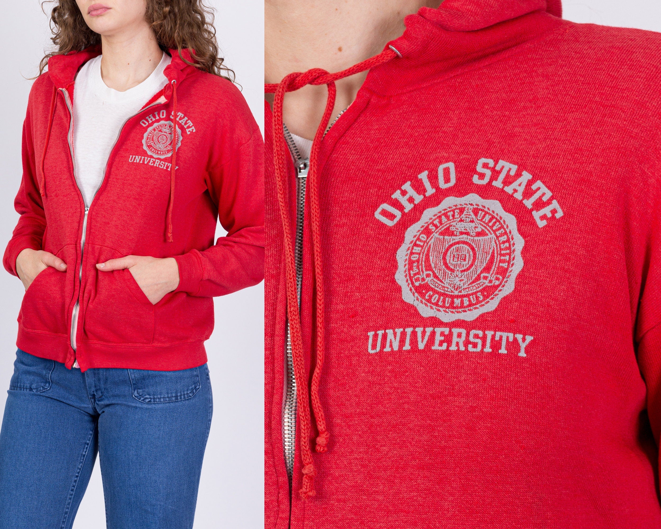 70s 80s Ohio State Zip Up Hooded Sweatshirt - Men's Small, Women's