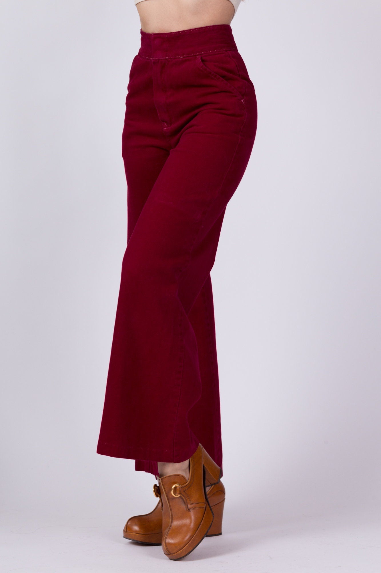 70s Wine Red High Waist Flared Cotton Twill Pants - Extra Small, 23