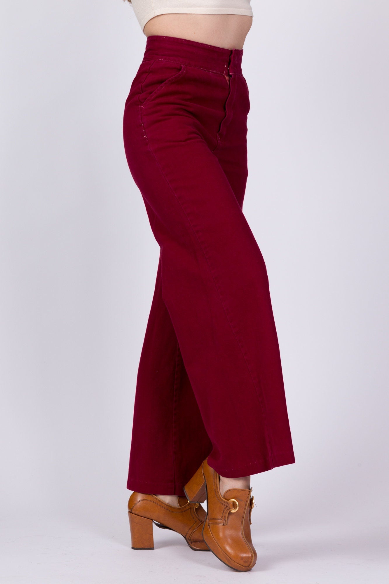 70s Wine Red High Waist Flared Cotton Twill Pants - Extra Small
