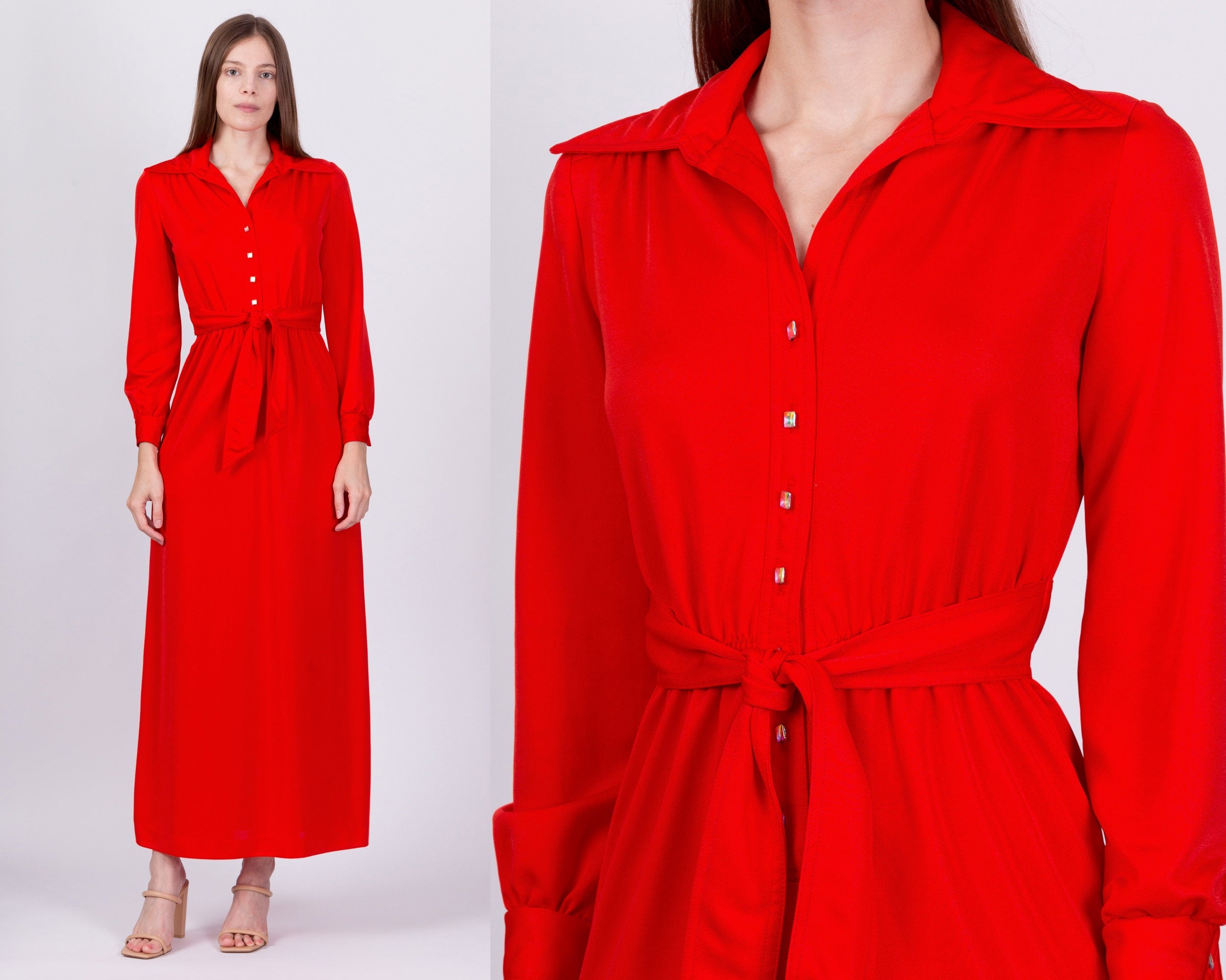 Shops Vintage 1970s Shangri-La Red Pinstripe One-Shoulder Belted Midi Dress ILGWU