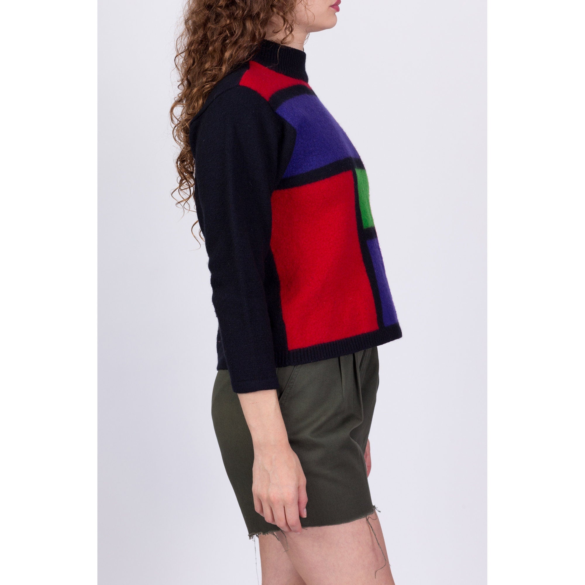 80s Mondrian Lambswool Knit Cropped Sweater - Petite Small