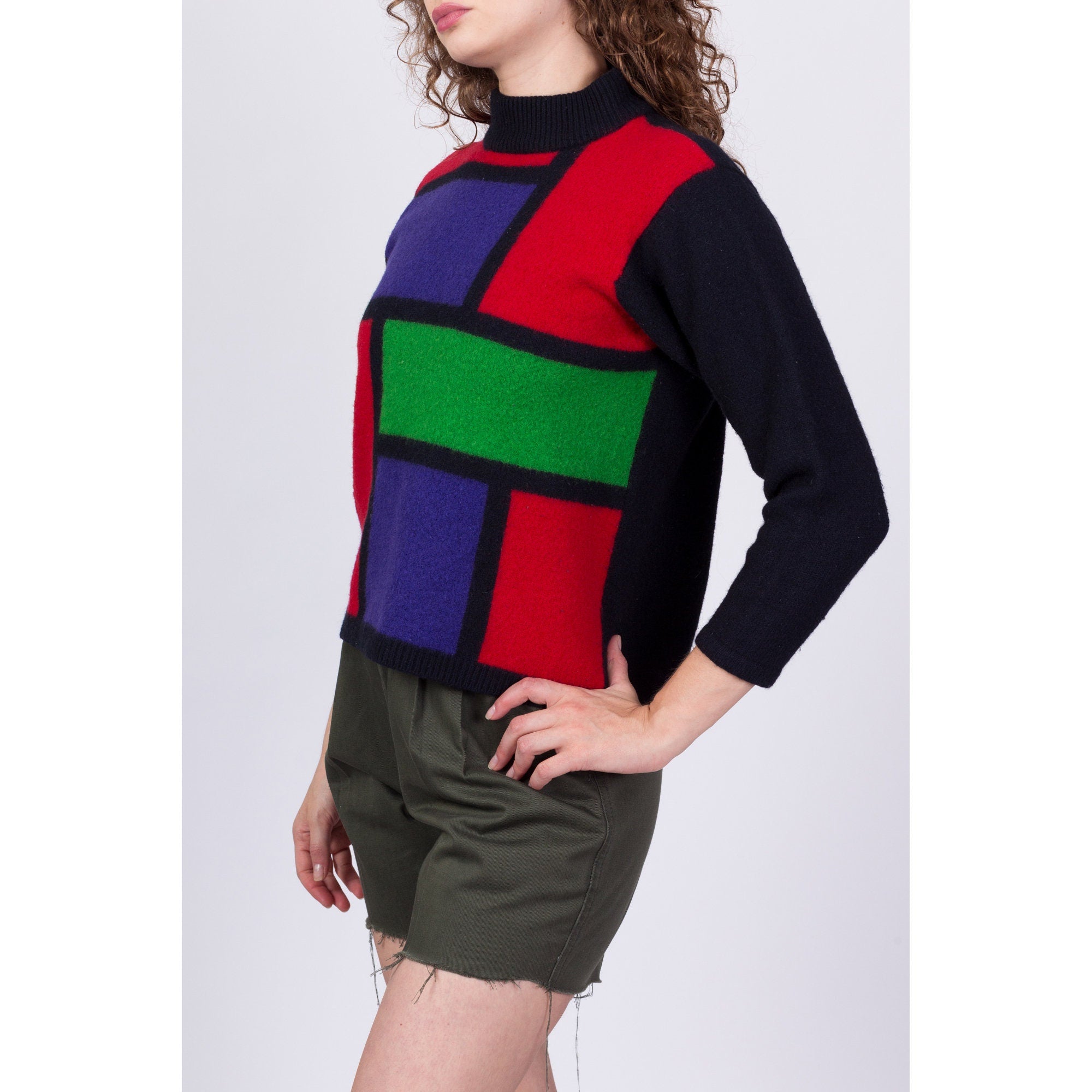 80s Mondrian Lambswool Knit Cropped Sweater - Petite Small