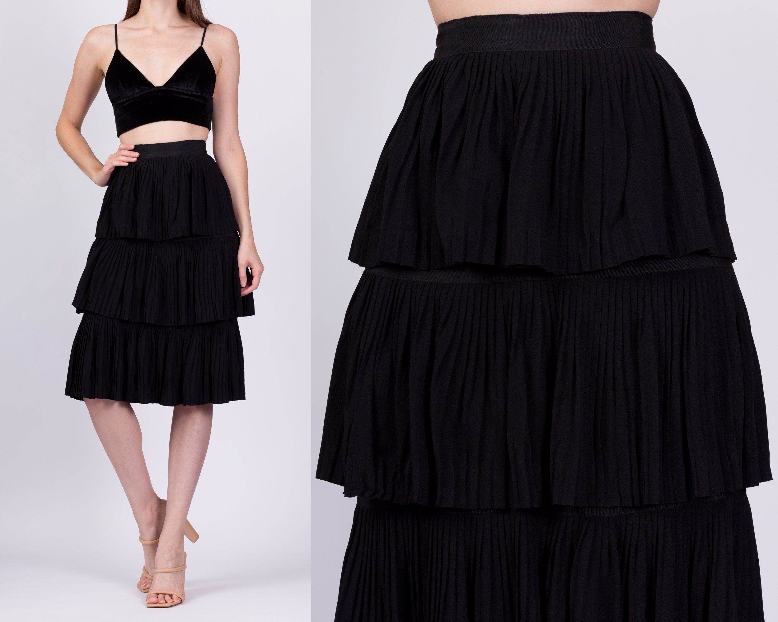 50s Black Tiered Midi Skirt Extra Small 22.5