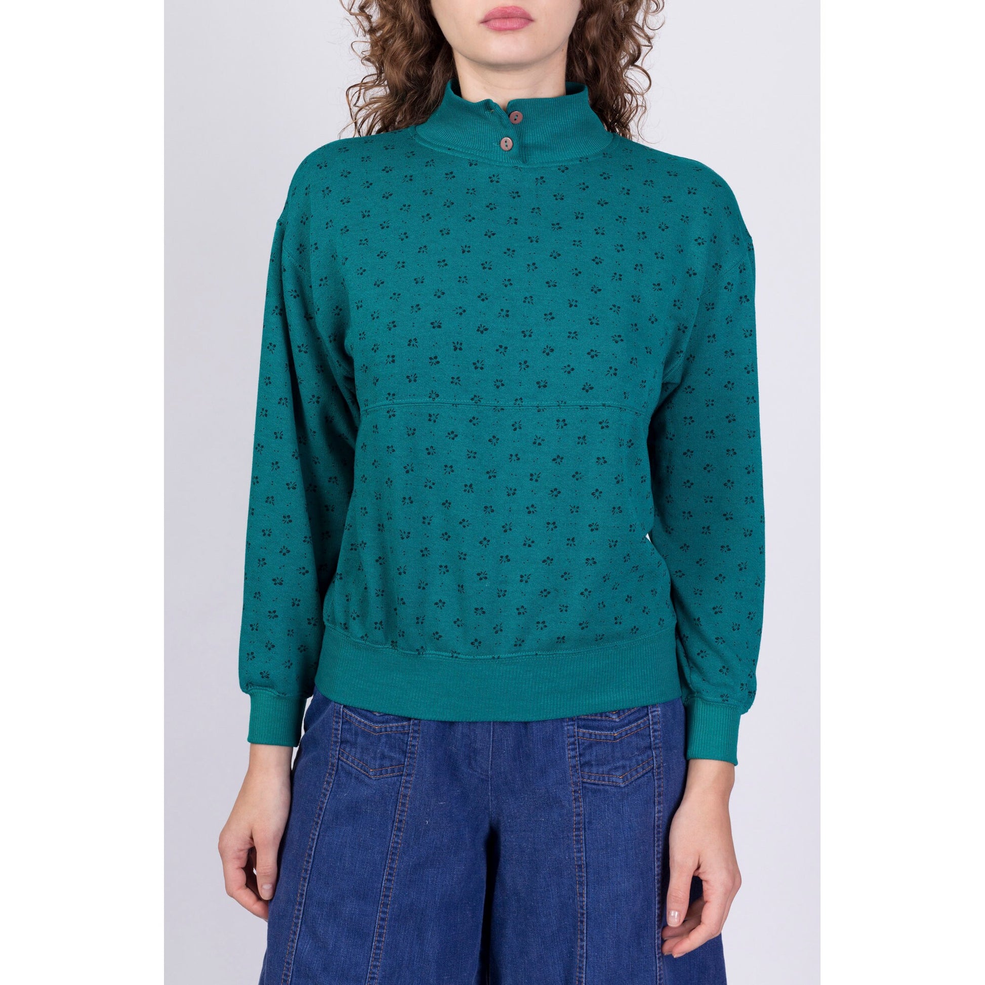 80s Teal Floral Mockneck Sweatshirt - Petite Small 