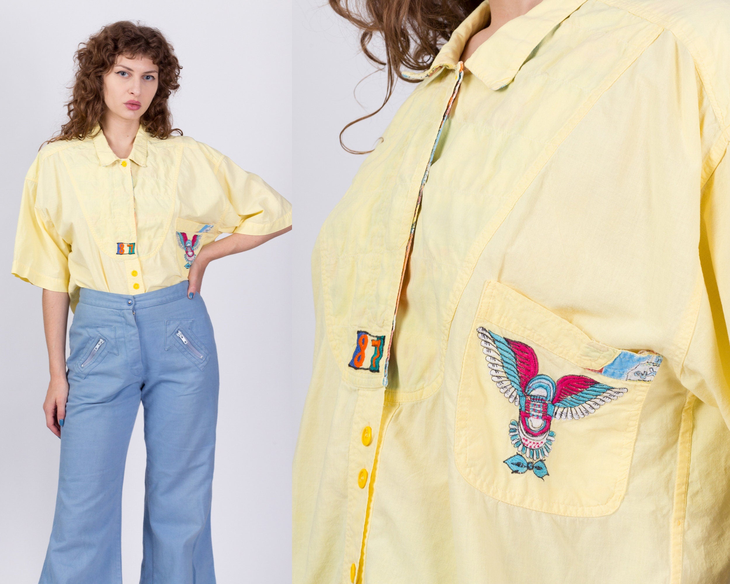 80s Yellow Oversized Button Up Streetwear Shirt - Men's Medium