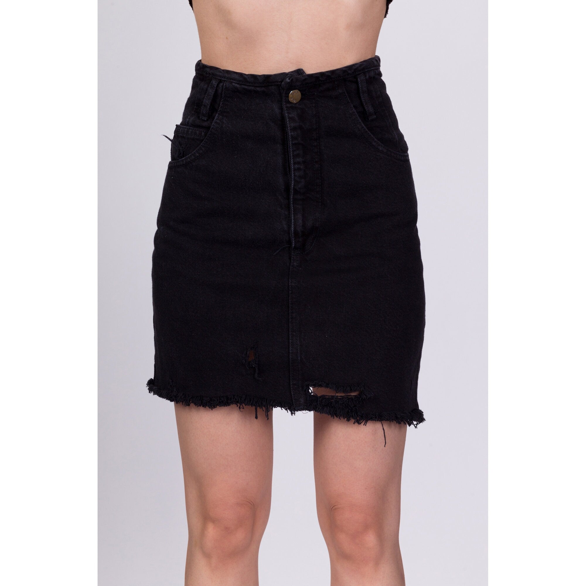 90s Black Denim High Waist Mini Skirt XXS 22.5 Flying Apple Vintage