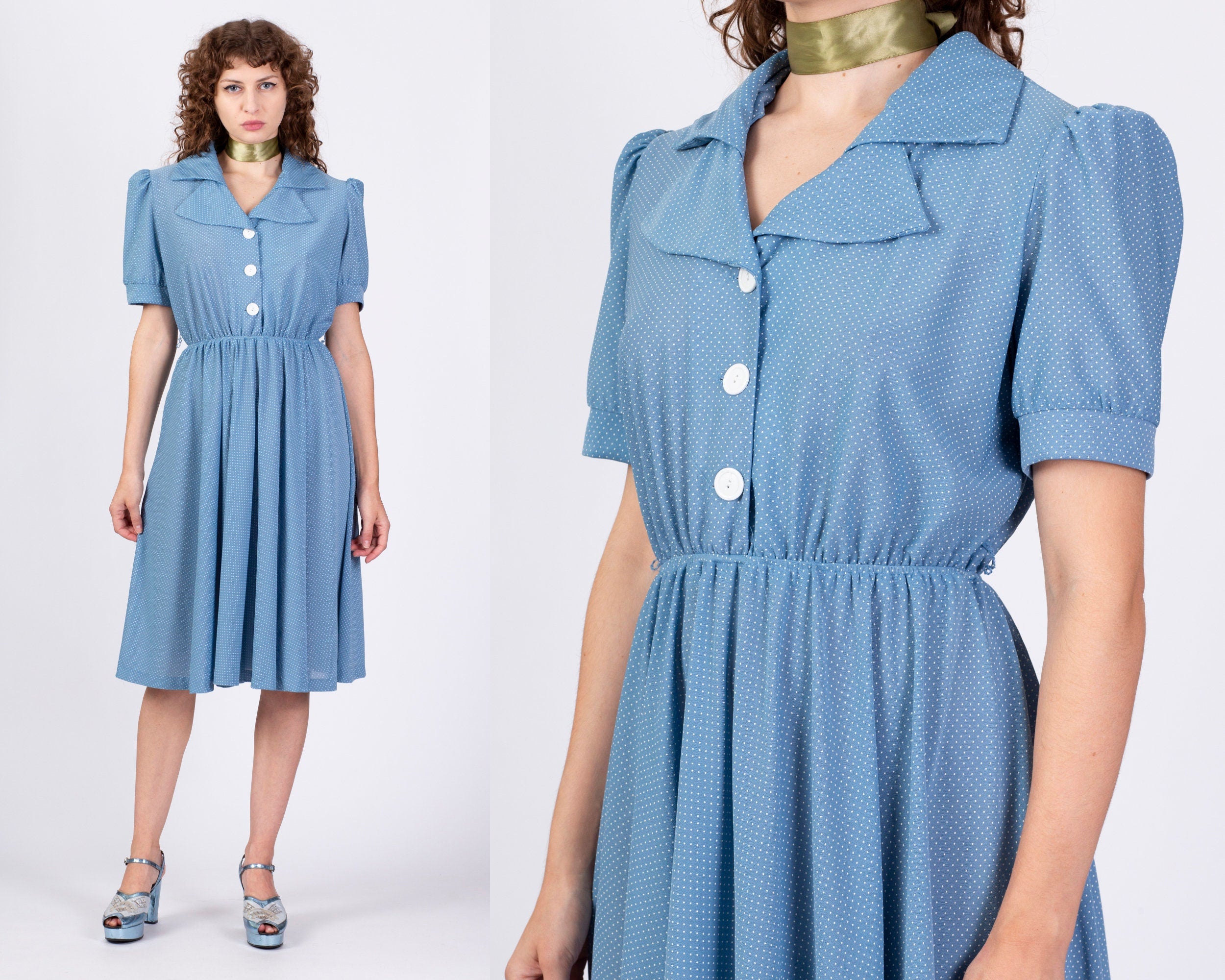 80s Does 50s Blue Polka Dot Midi Dress Large – Flying Apple Vintage