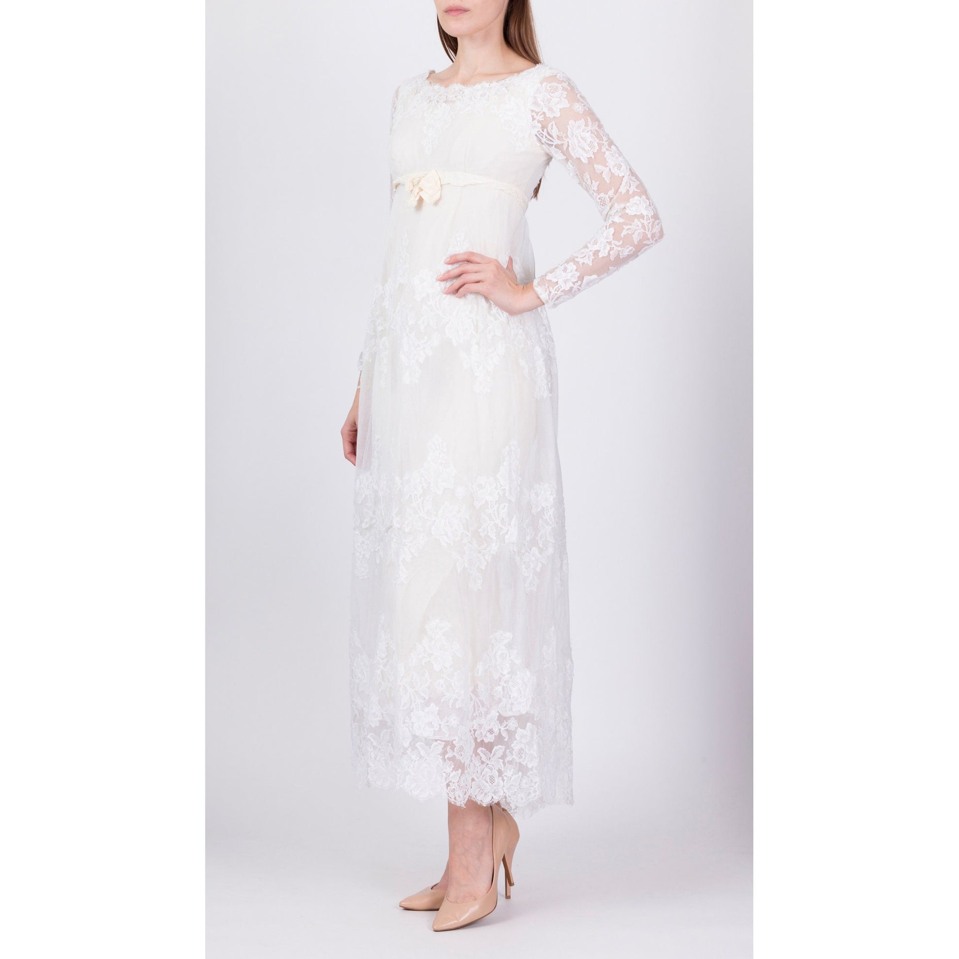 60s Alfred Angelo White Lace Wedding Dress - Extra Small 