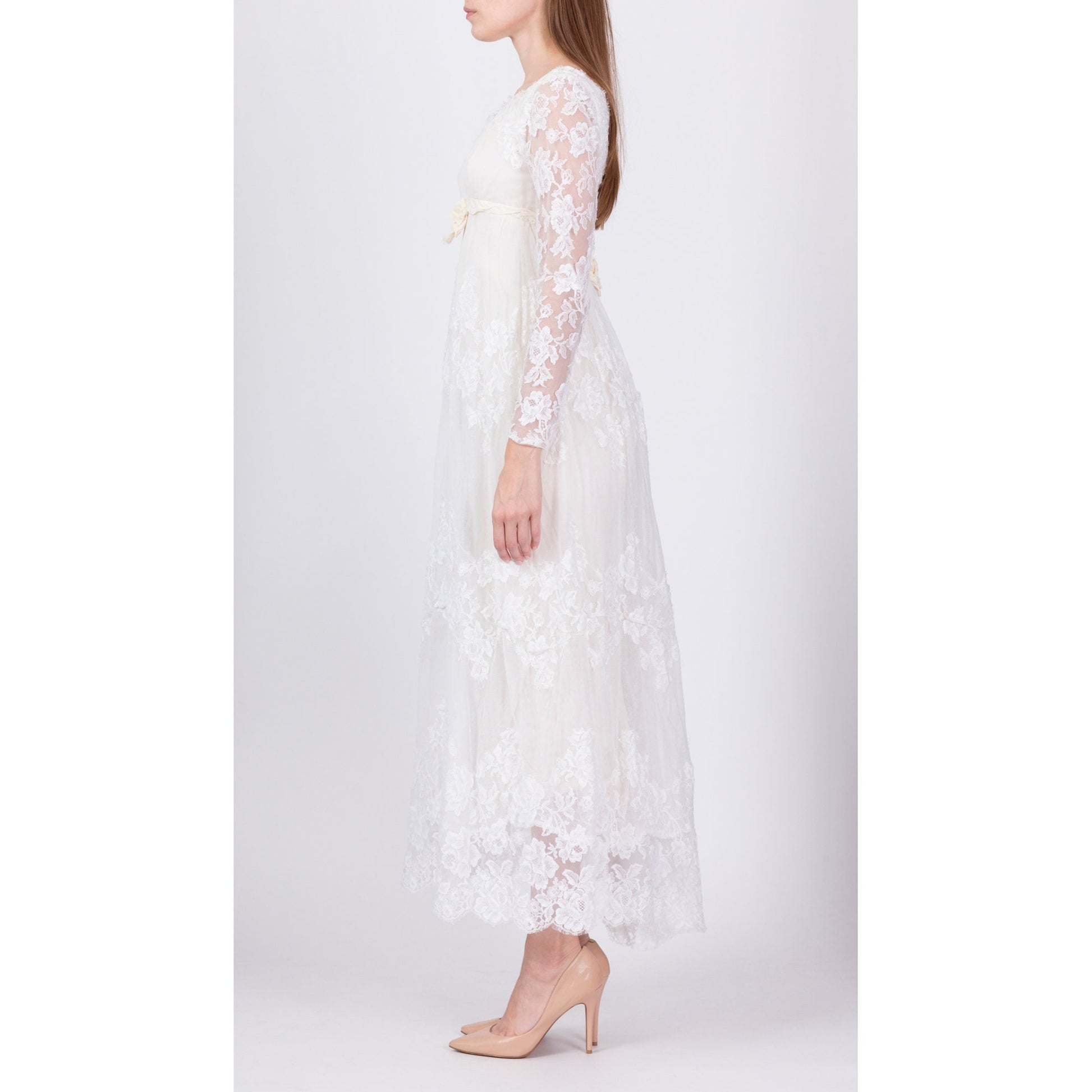 60s Alfred Angelo White Lace Wedding Dress - Extra Small 