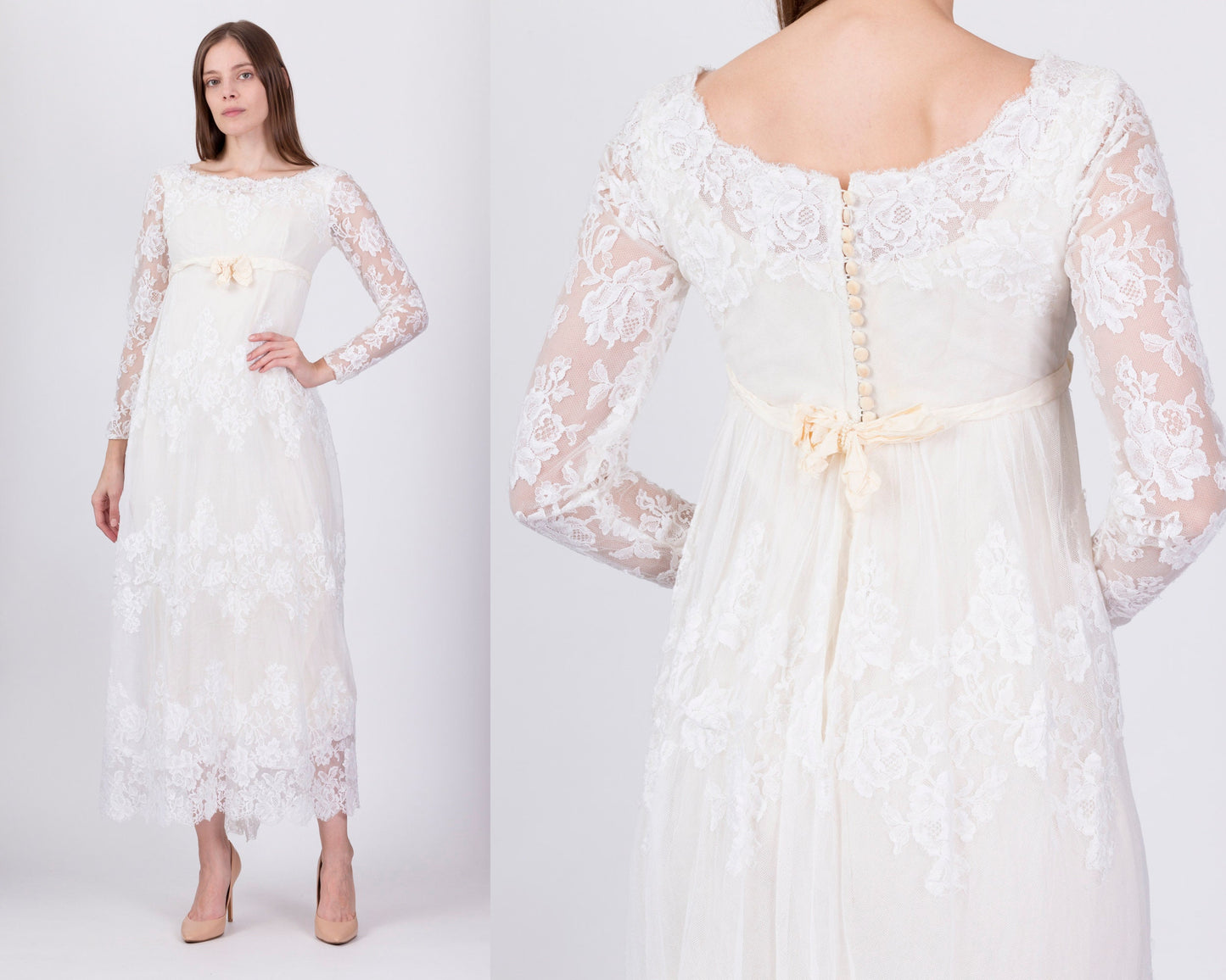 60s Alfred Angelo White Lace Wedding Dress - Extra Small 