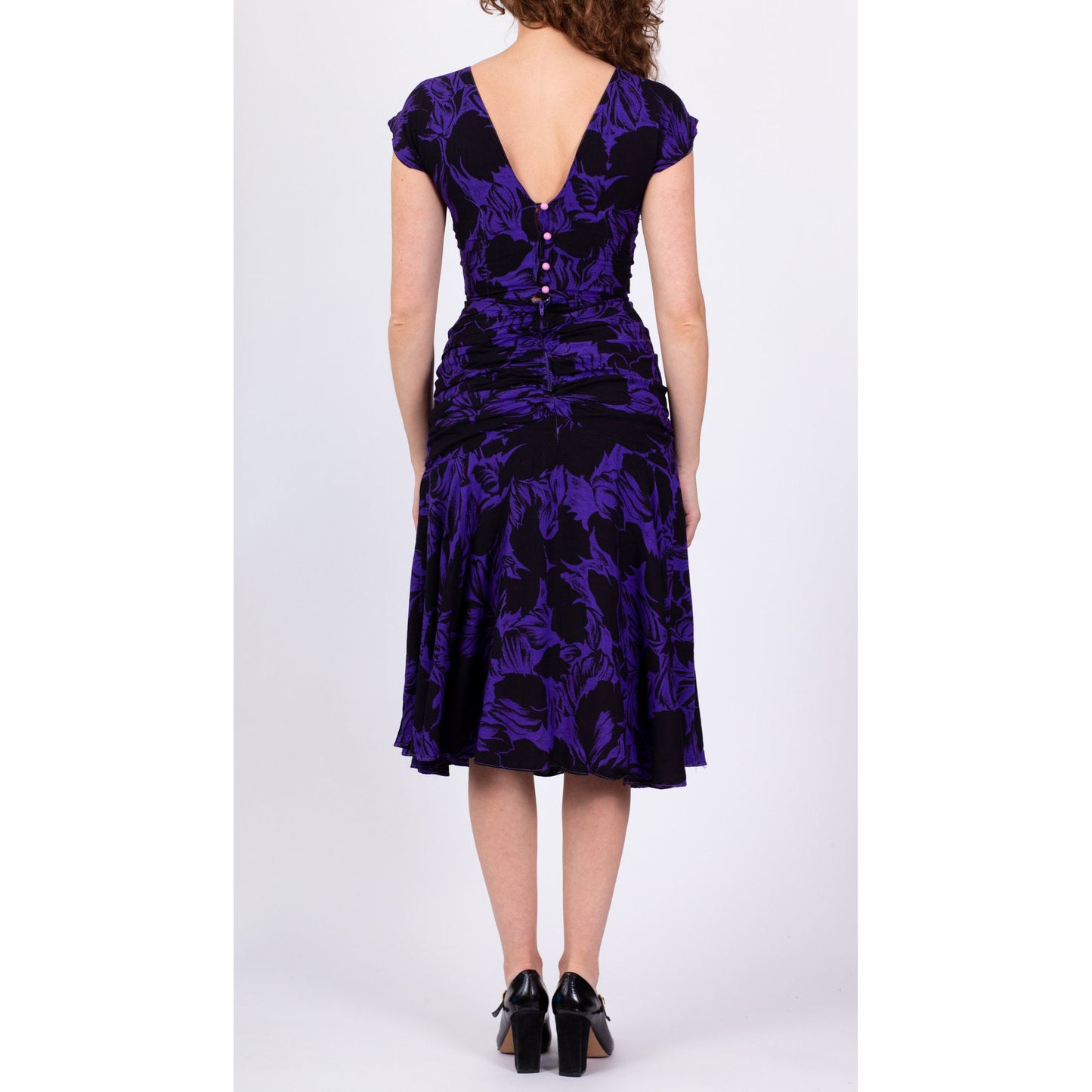 80s Purple Floral Ruched Low Back Dress - Extra Small 