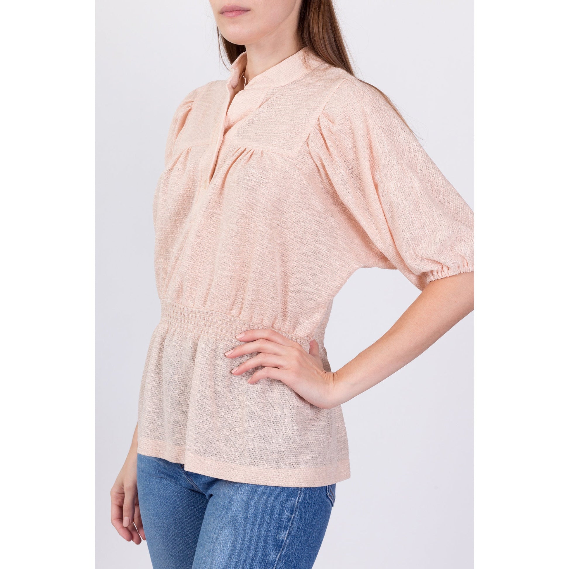 70s Boho Peach Knit Puff Sleeve Top - Large 