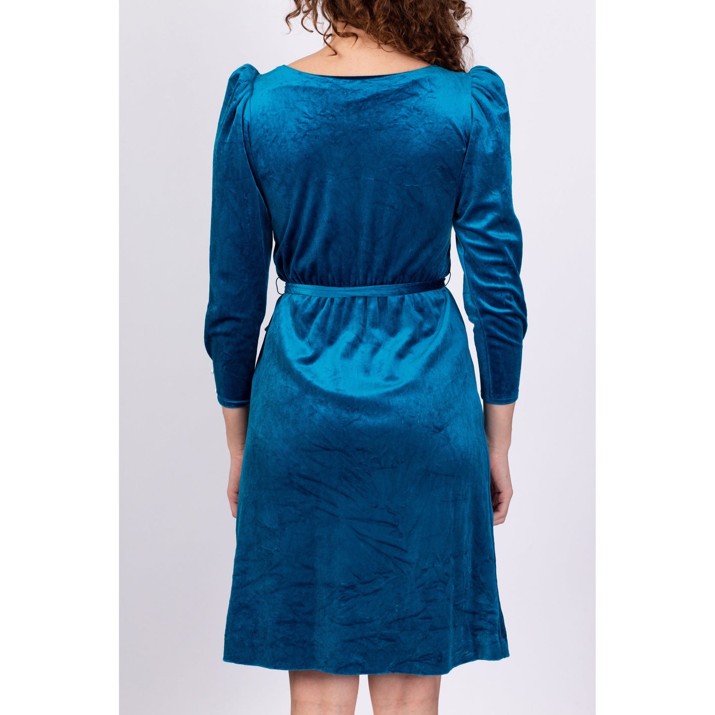 70s Blue Velvet Puff Sleeve Dress - Extra Small 