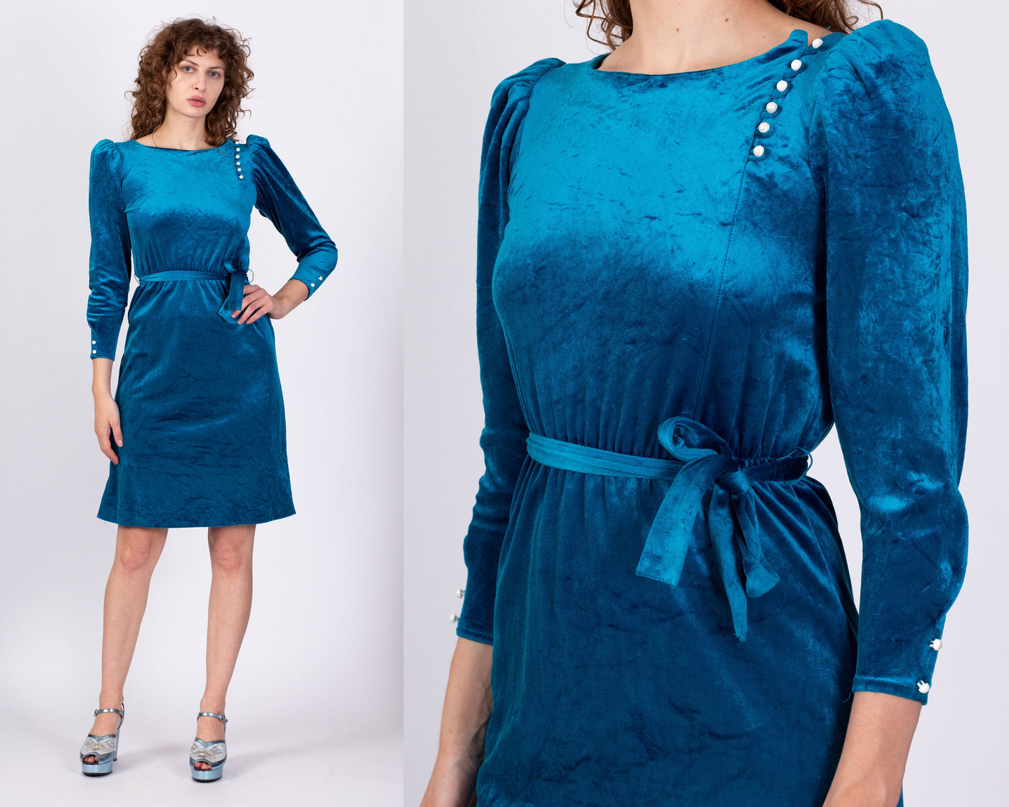 70s Blue Velvet Puff Sleeve Dress - Extra Small 