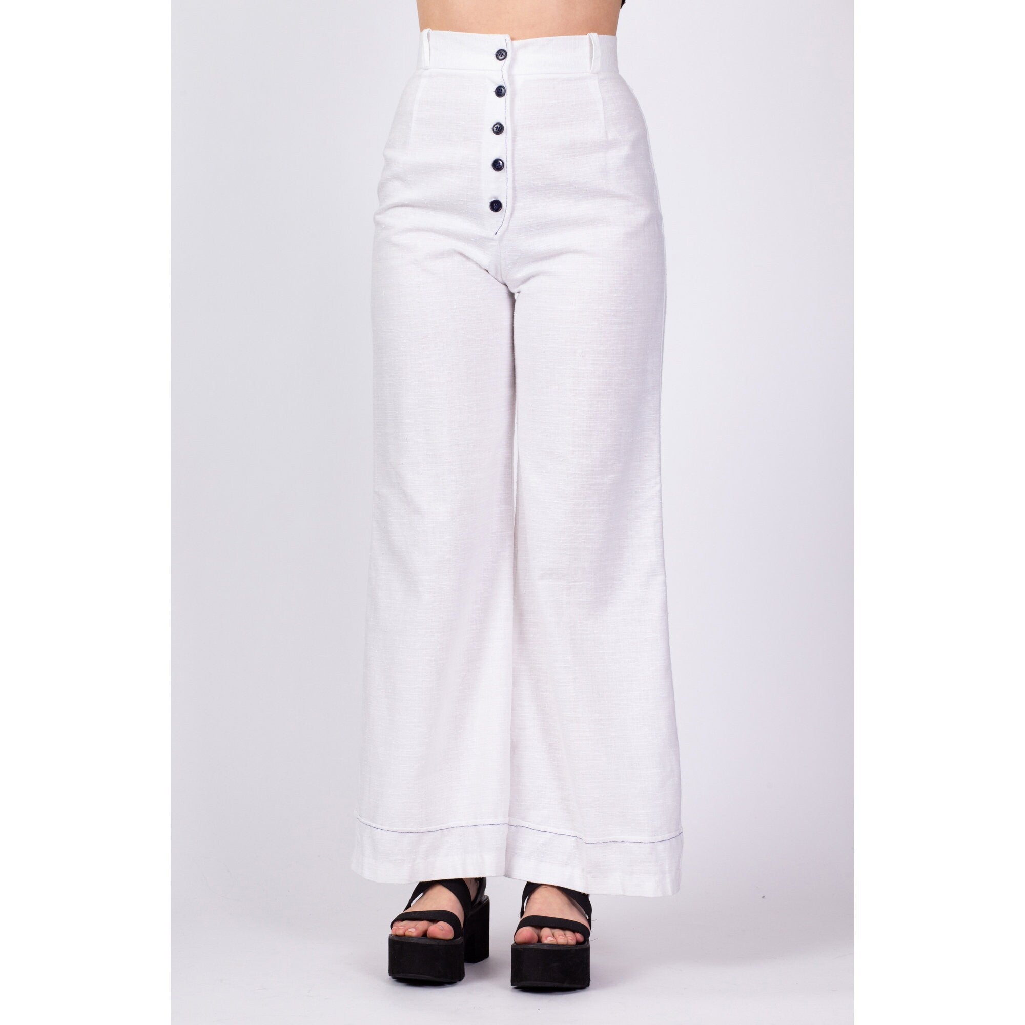 70s White Button Fly High Waisted Pants - Small, 25.5