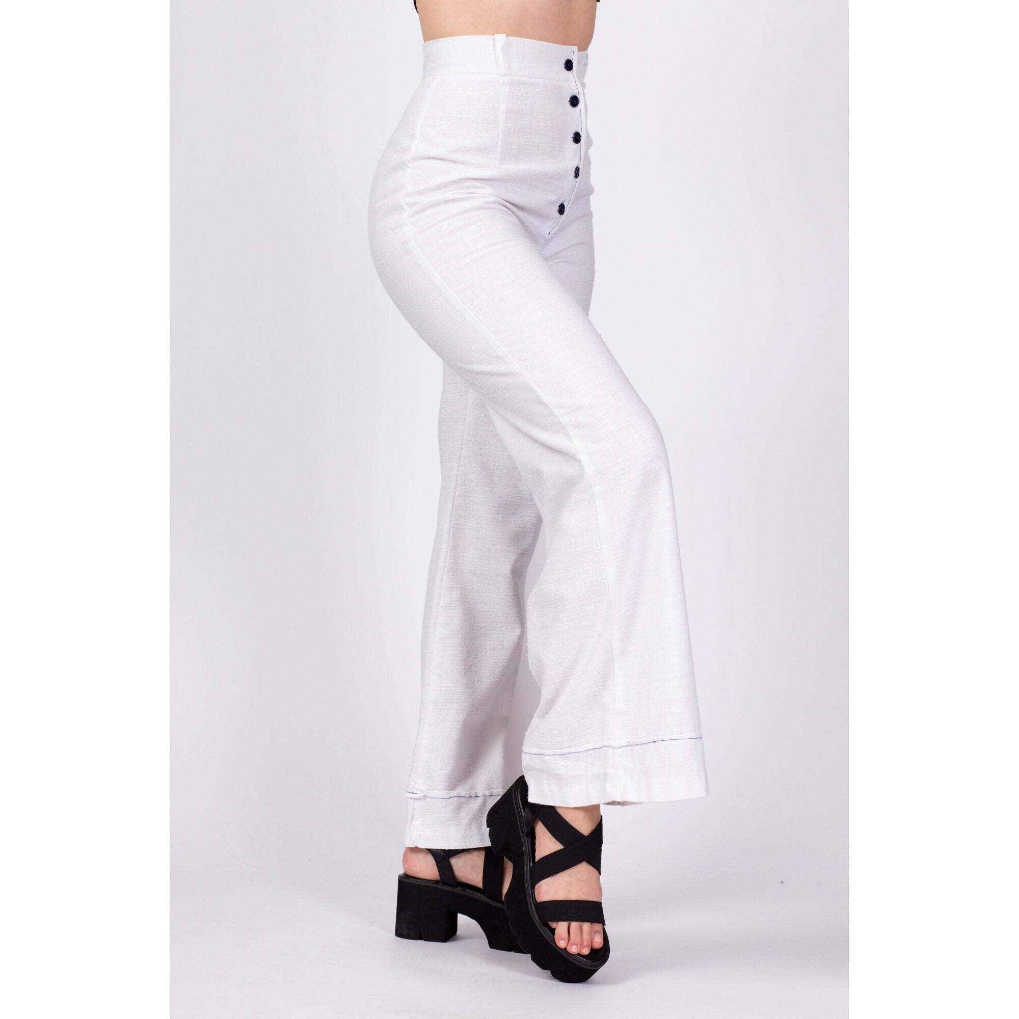 70s White Button Fly High Waisted Pants - Small, 25.5