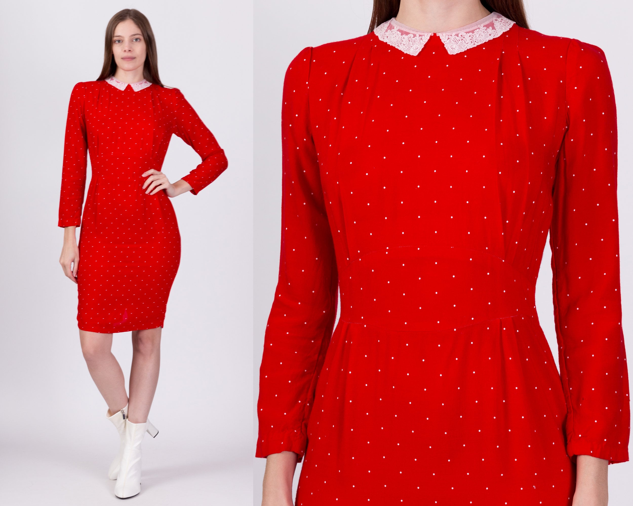 Red dress with white best sale lace collar