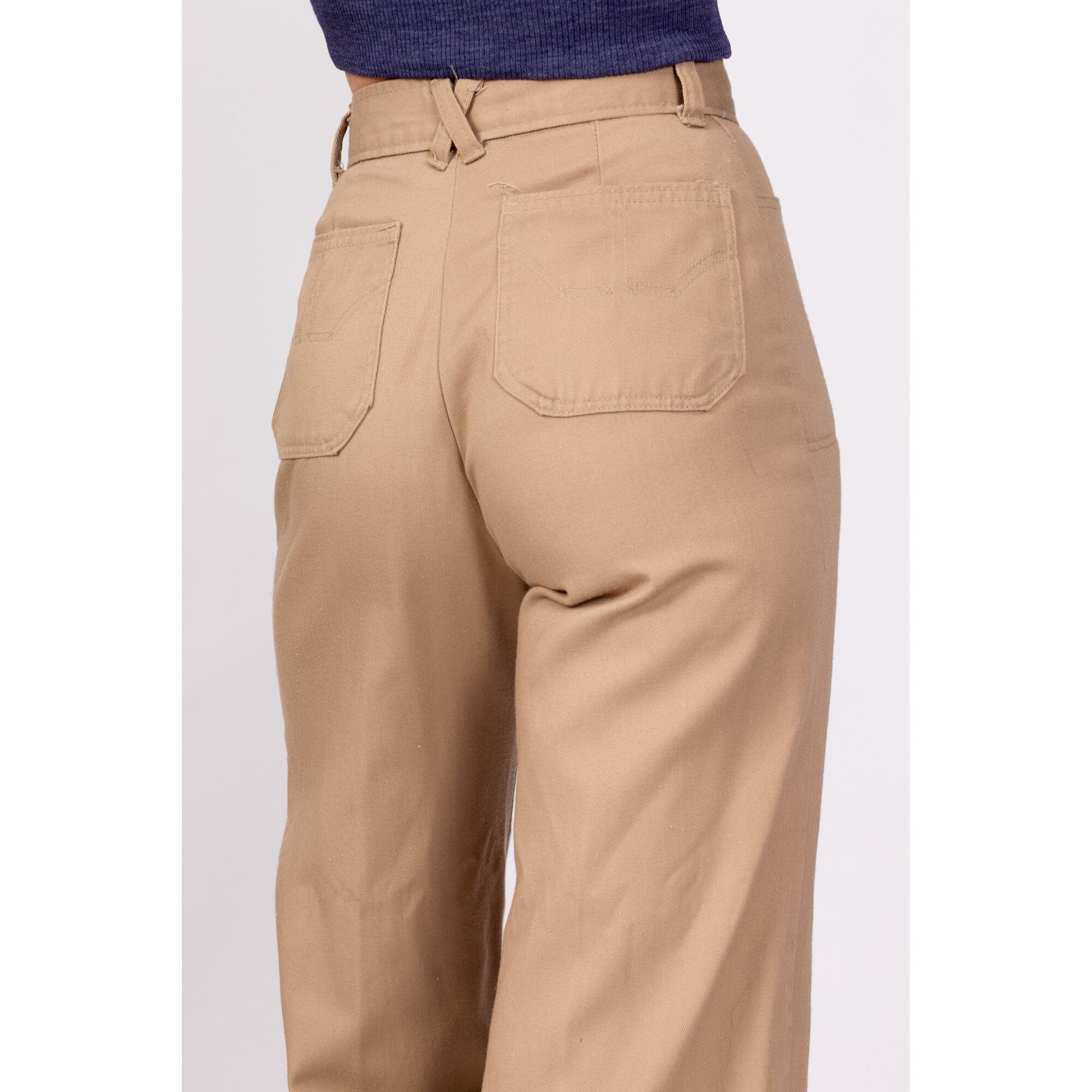 70s High Waisted Khaki Twill Flared Pants - Extra Small, 24