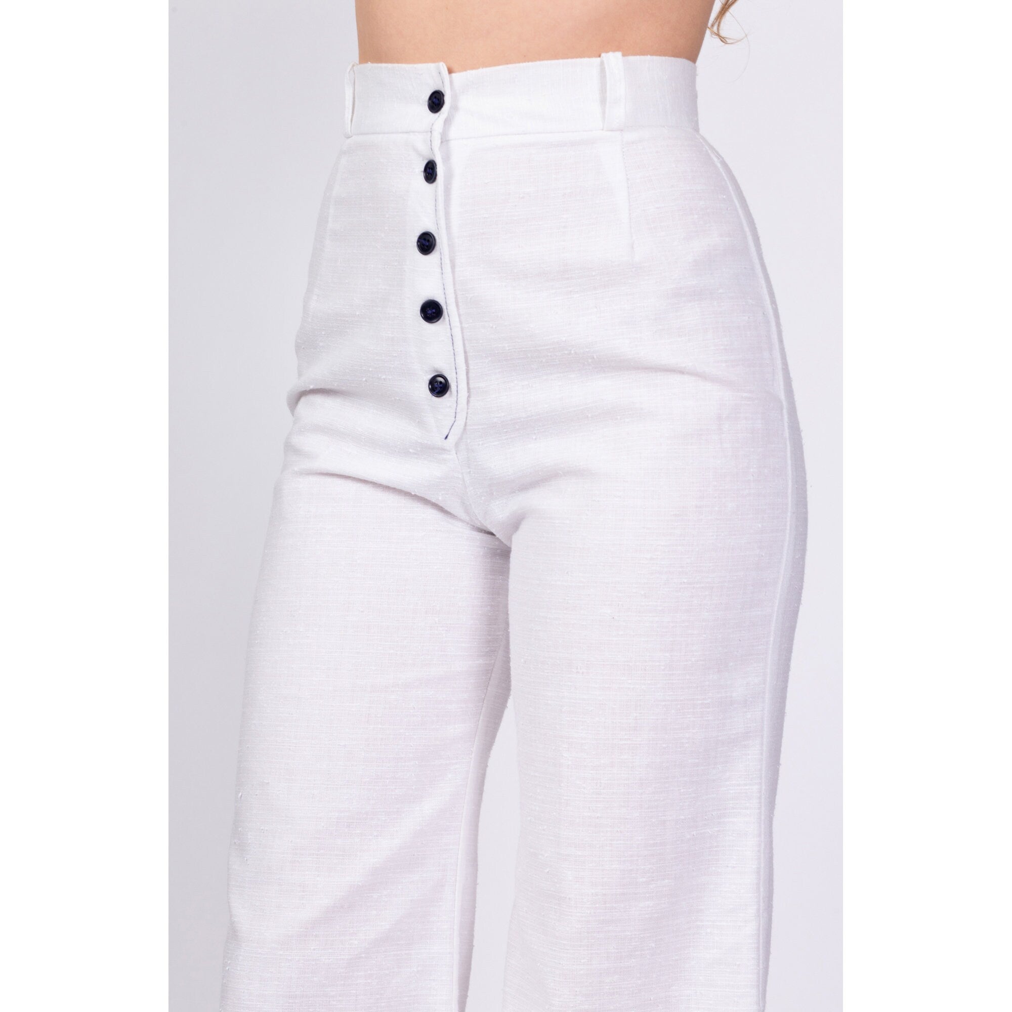 70s White Button Fly High Waisted Pants - Small, 25.5