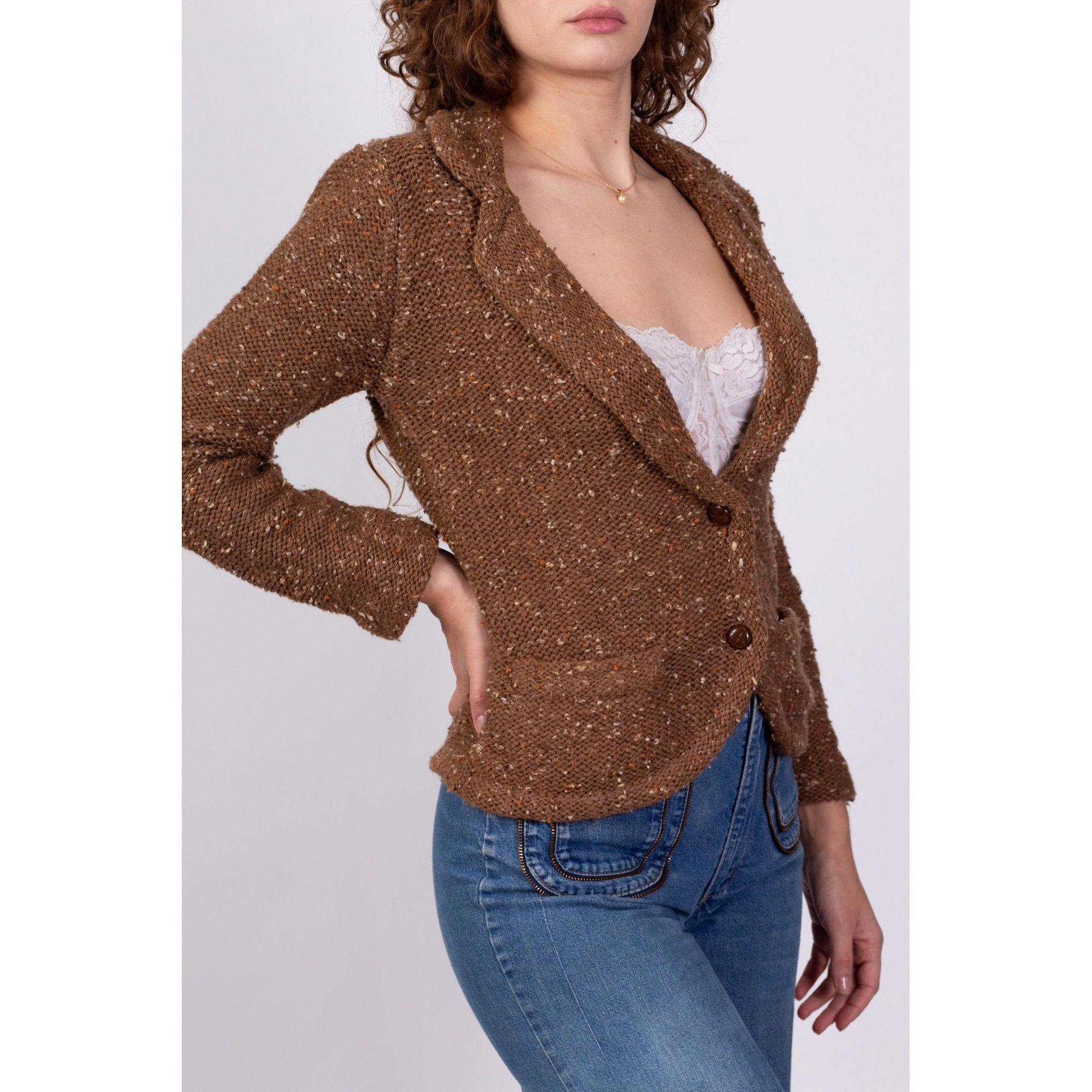 70s 80s Brown Confetti Knit Cardigan - Small – Flying Apple Vintage