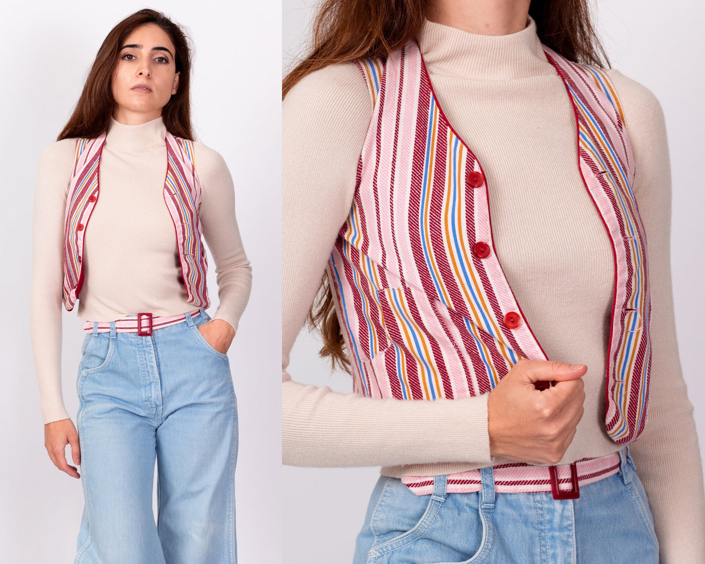 70s Striped Belted Crop Top Vest - Girl's Small 