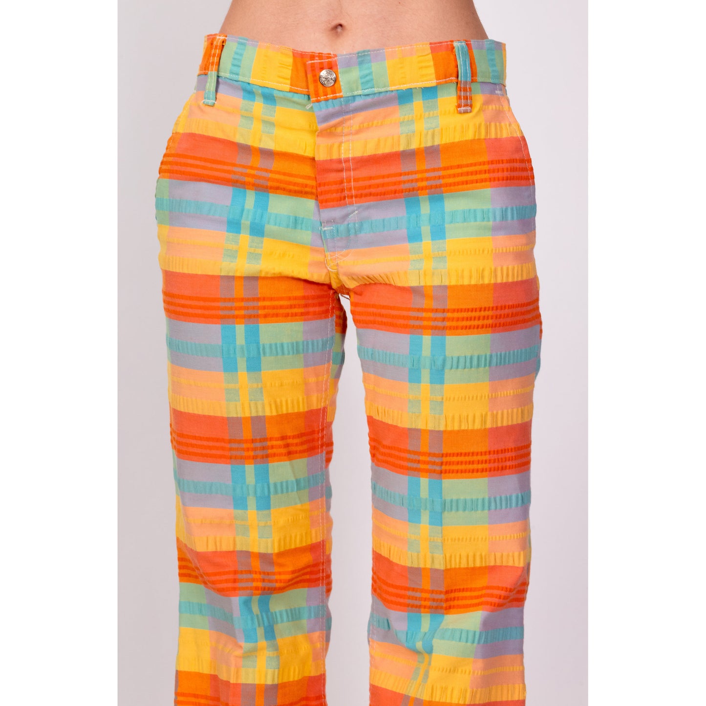 70s Pink Plaid Bell Bottom Pants 29.5x31.5 / Vintage 1970s Pink Orange N  Yellow Plaid Cotton Bellbottom Pants -  Norway