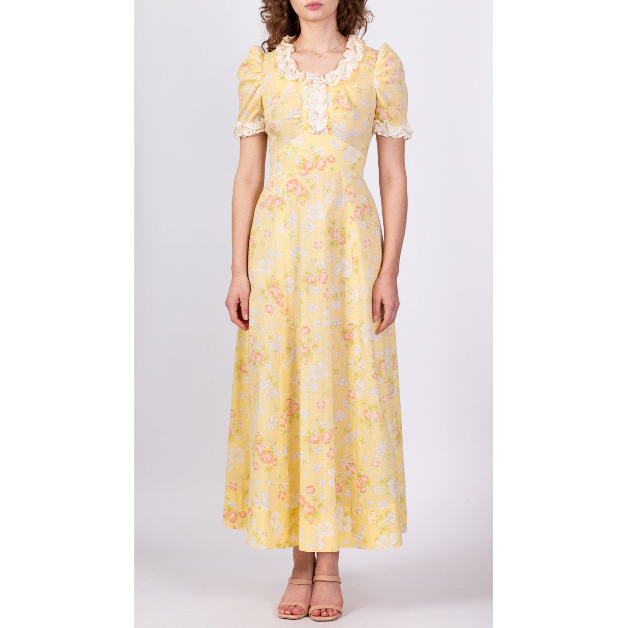 Vintage 1970s long summer yellow floral prairie dress maxi dress puff retailer sleeves - Small