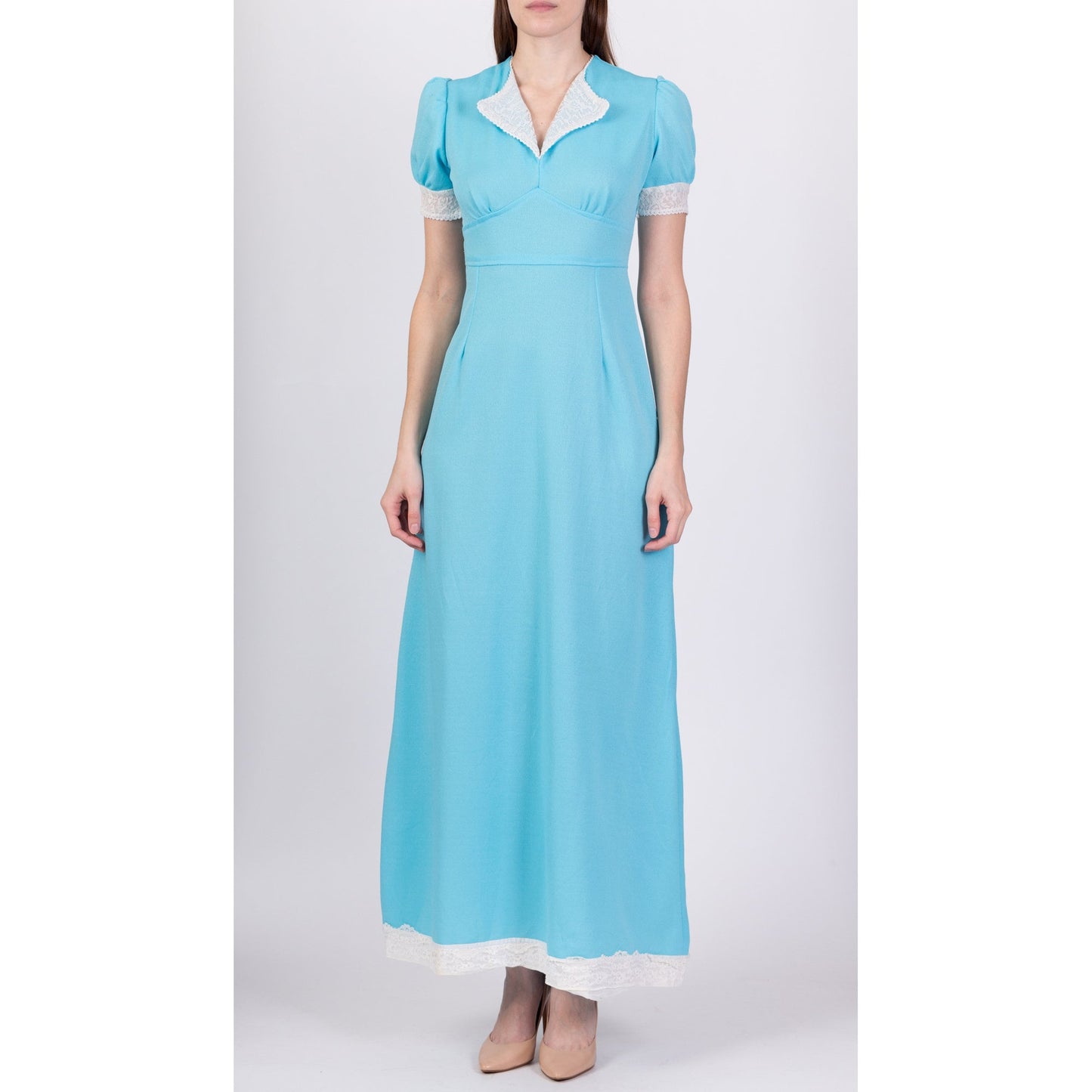 60s 70s Blue Puff Sleeve Prairie Maxi Dress - Small