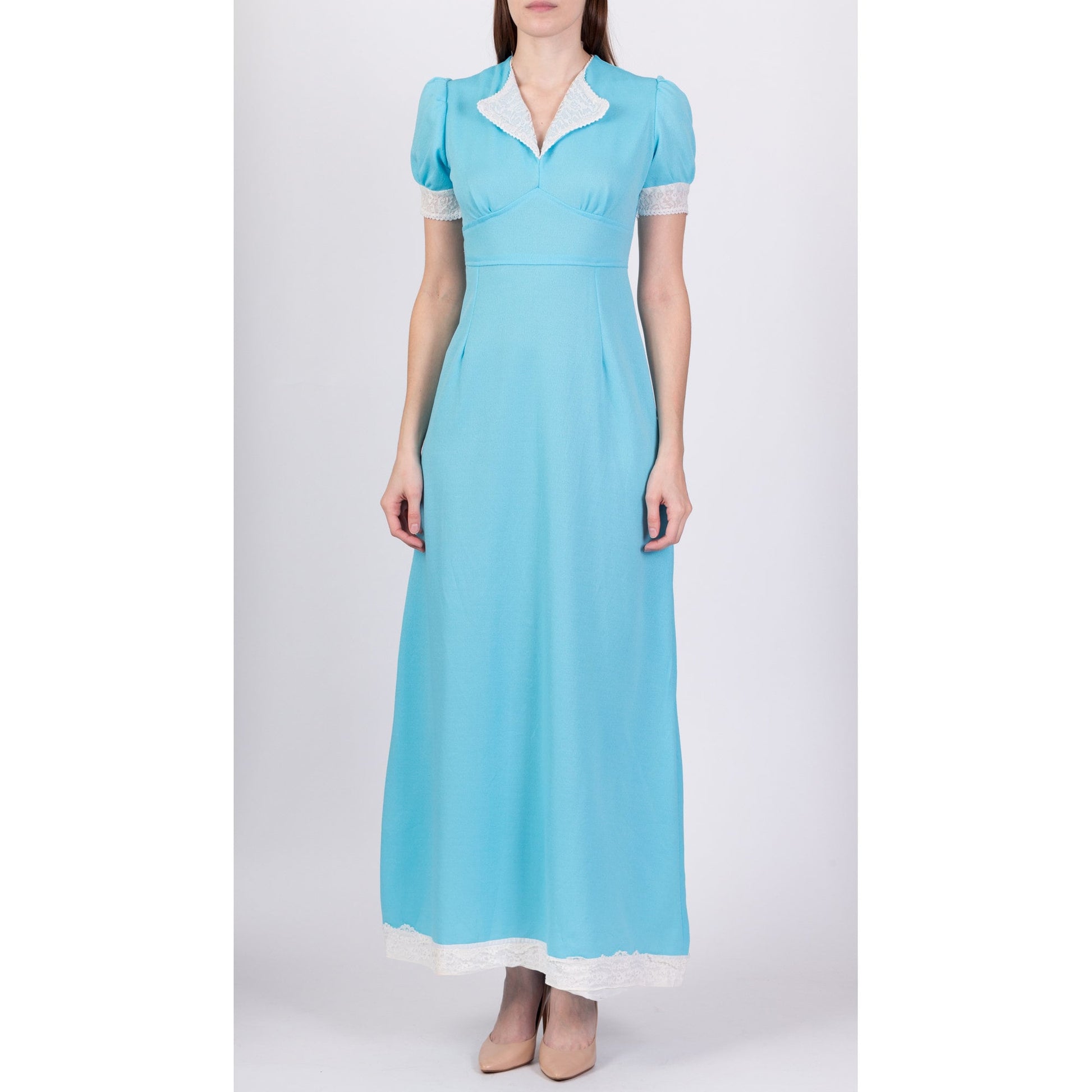 60s 70s Blue Puff Sleeve Prairie Maxi Dress - Small