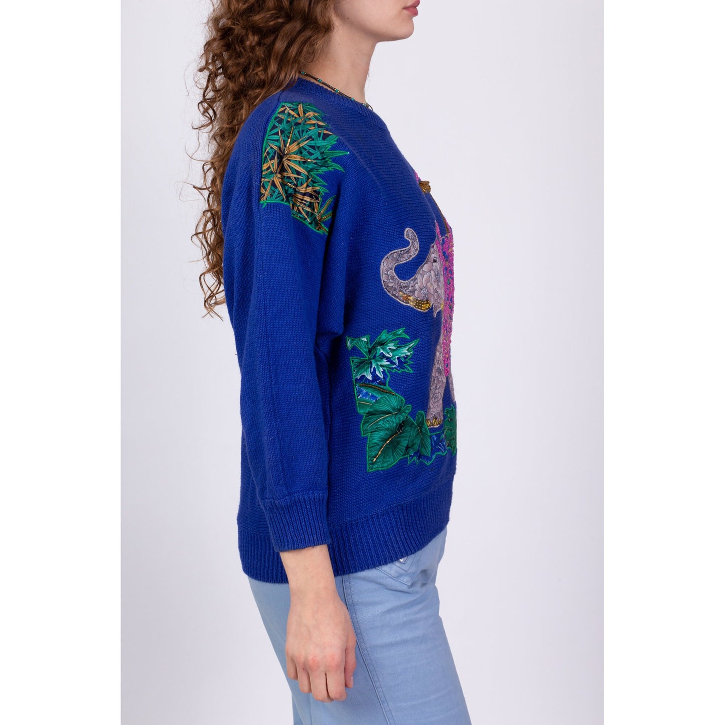 80s Royal Blue Elephant Knit Sweater - Medium