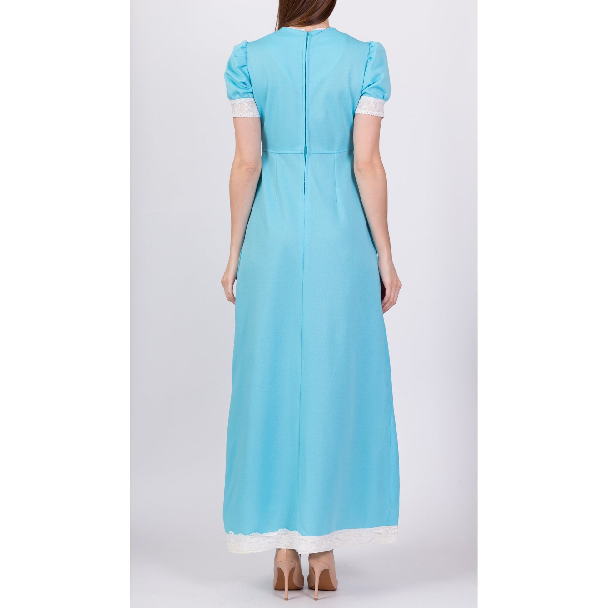 60s 70s Blue Puff Sleeve Prairie Maxi Dress - Small