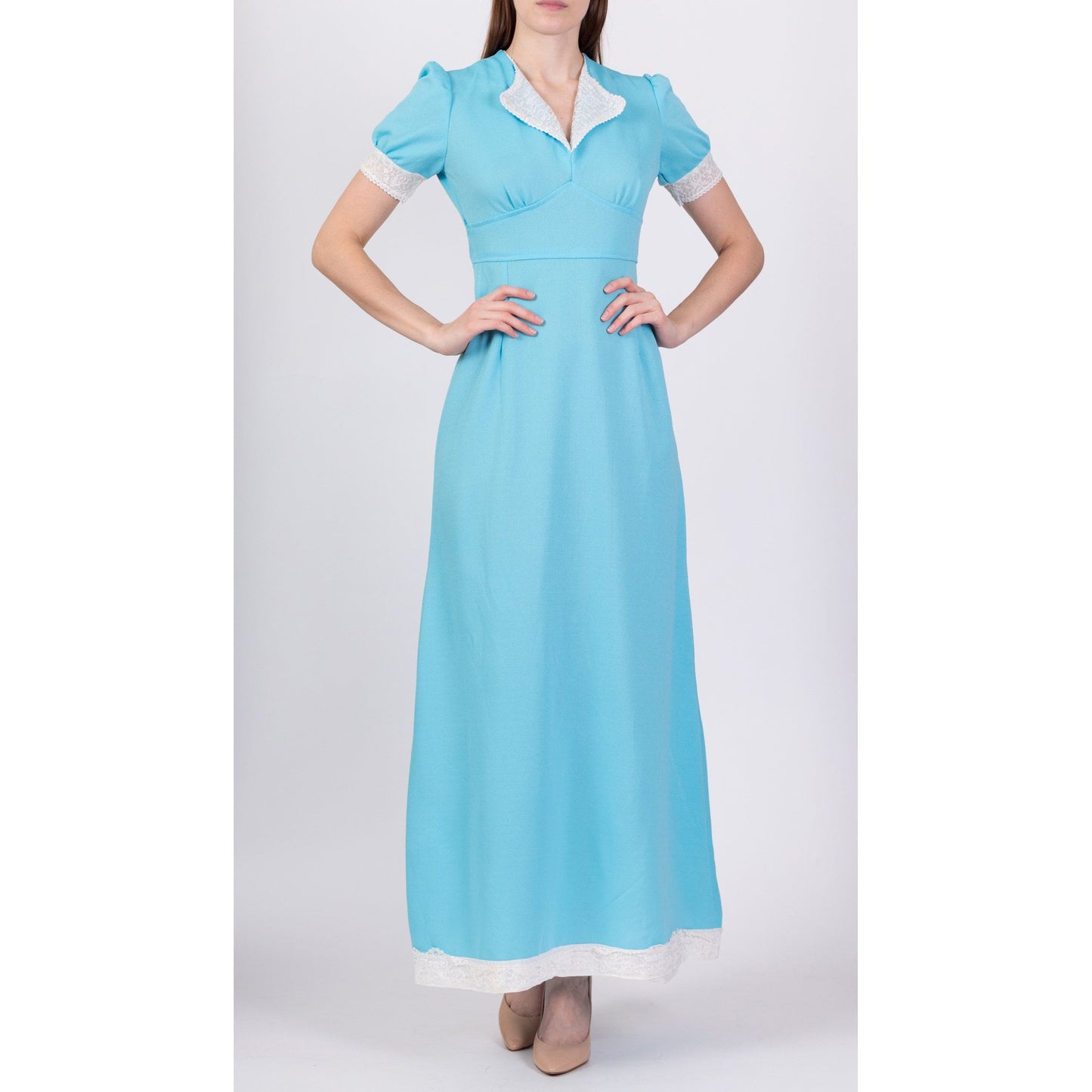 60s 70s Blue Puff Sleeve Prairie Maxi Dress - Small