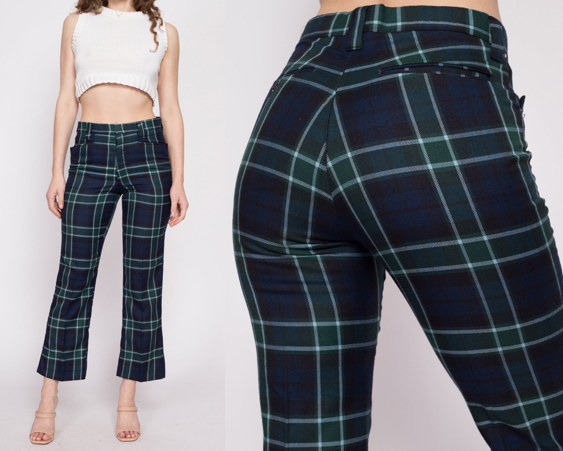 Retro Plaid Flare Pants in Black and Turquoise