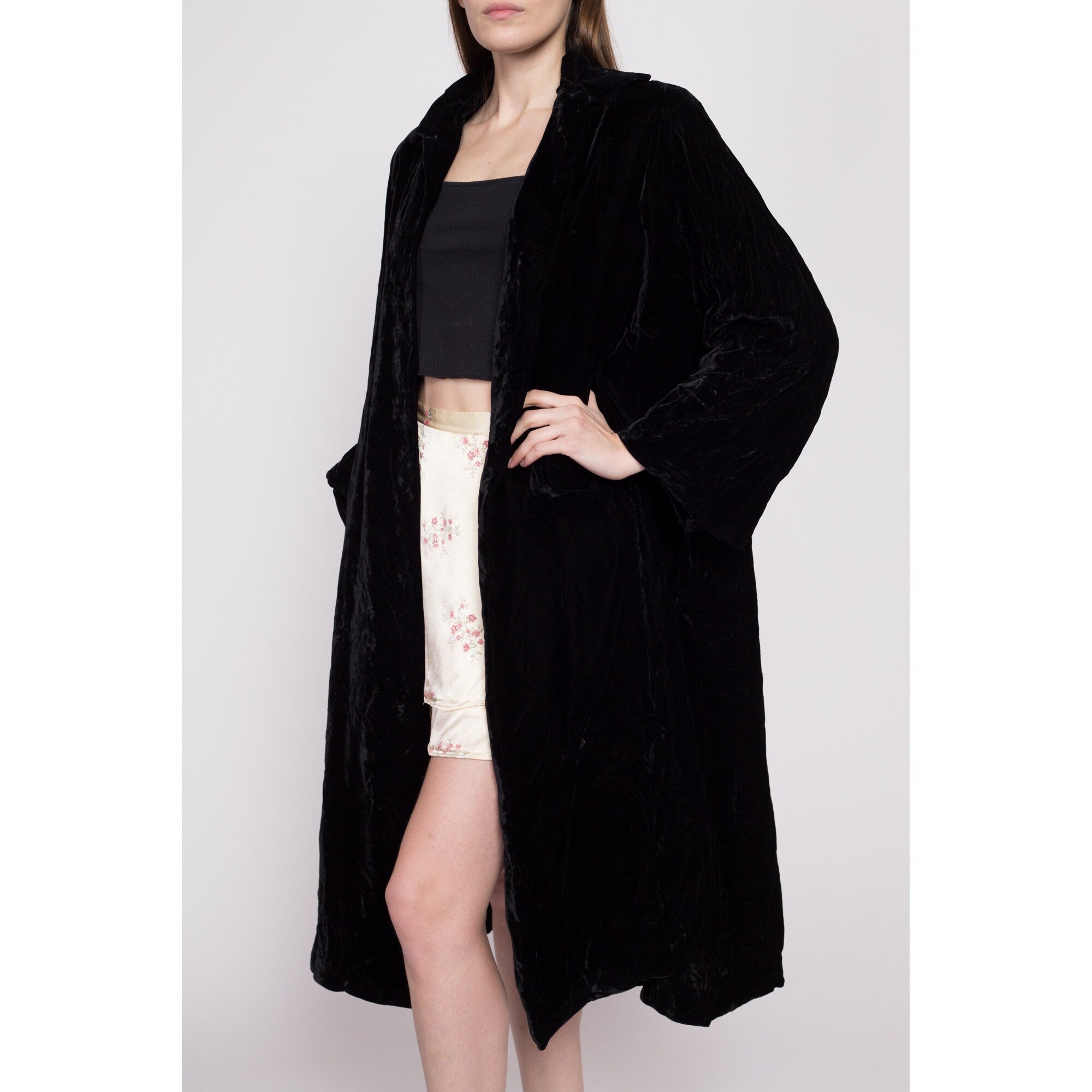 Black velvet long shop opera evening coat